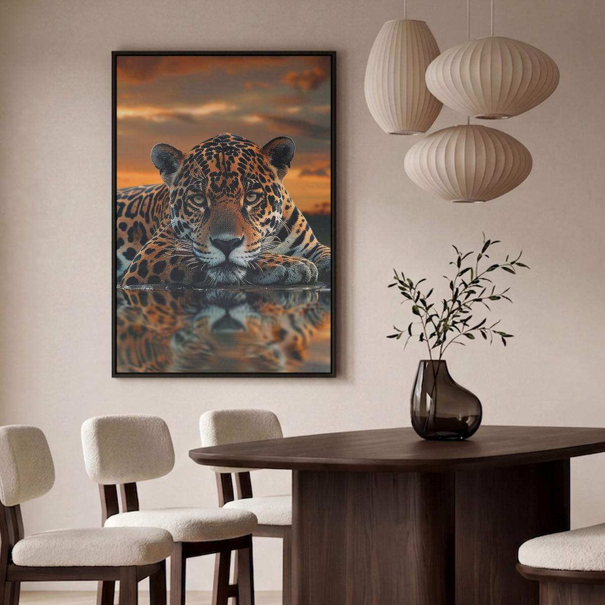 LEINWAND Bilder mit Rahmen - Natur - Leopard - Tier - Sonnenuntergang - Modern - 80x120 - Orange, Textil (80/120cm) - MuchoWow