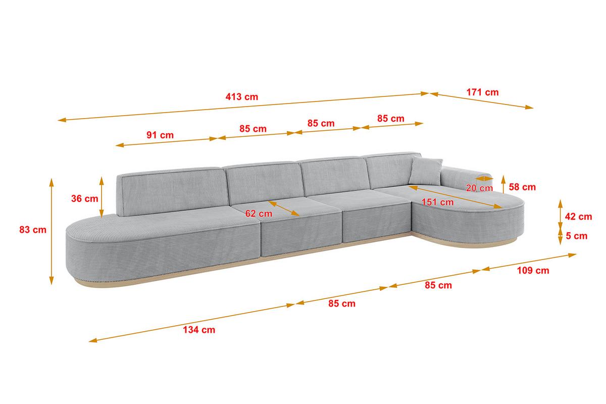 ECKSOFA Ottomane Rechts MARI-L3-v1 - 413x171x83 cm Grau Cord - Grau, Holzwerkstoff/Textil (171/413cm) - ALTDECOR