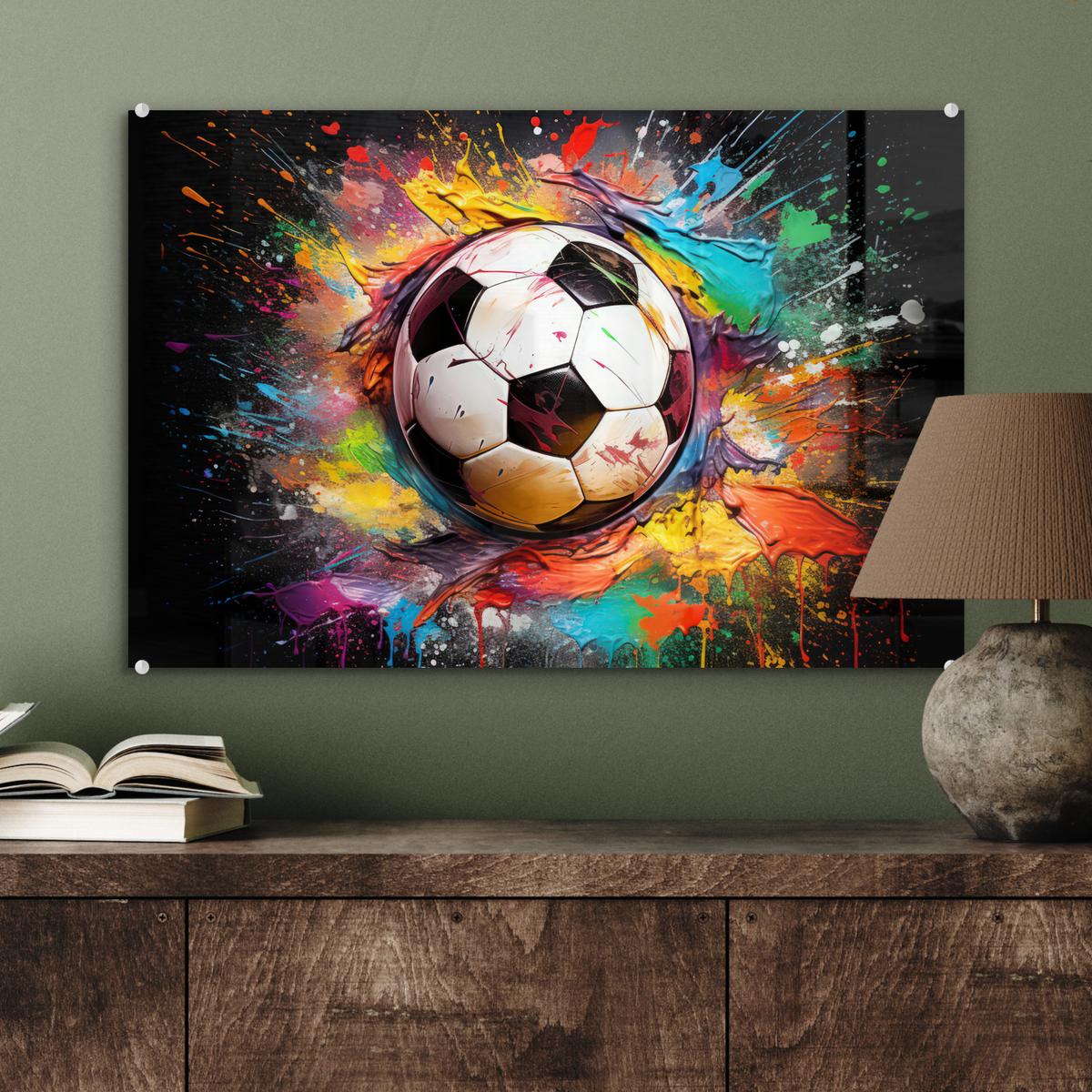 ACRYLGLASBILD Fußball - Farbe - Farben - Schwarz - Weiß Wanddeko 60x40 cm - Weiß, Glas (60/40cm) - MuchoWow