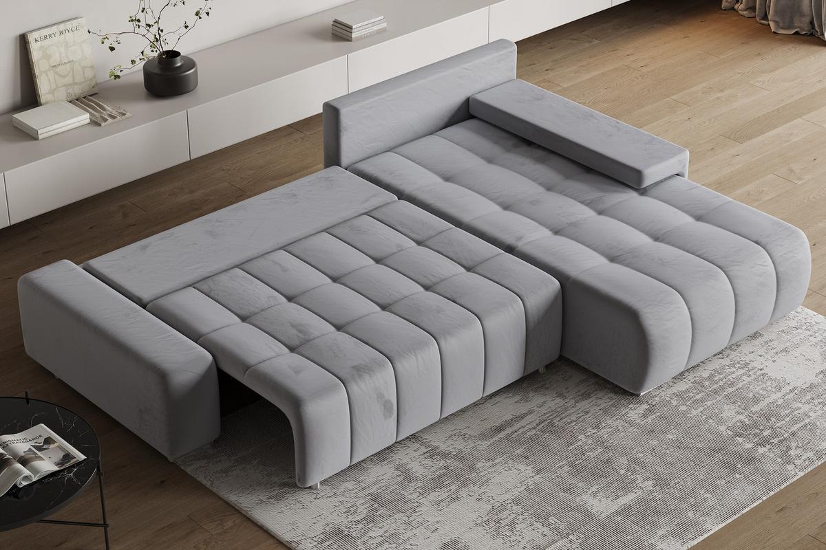 ECKSOFA ALESE R-S Hellgrau Velours-Stoff mit Schlaffunktion - Silberfarben/Hellgrau, Holz/Textil (265/185cm) - MASSENO