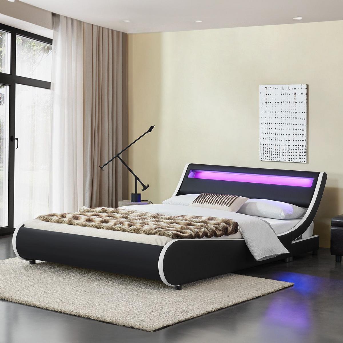 POLSTERBETT Valencia schwarz 180x200cm mit Matratze und LED (16 Farben) - Schwarz, Textil (180/200cm) - Juskys