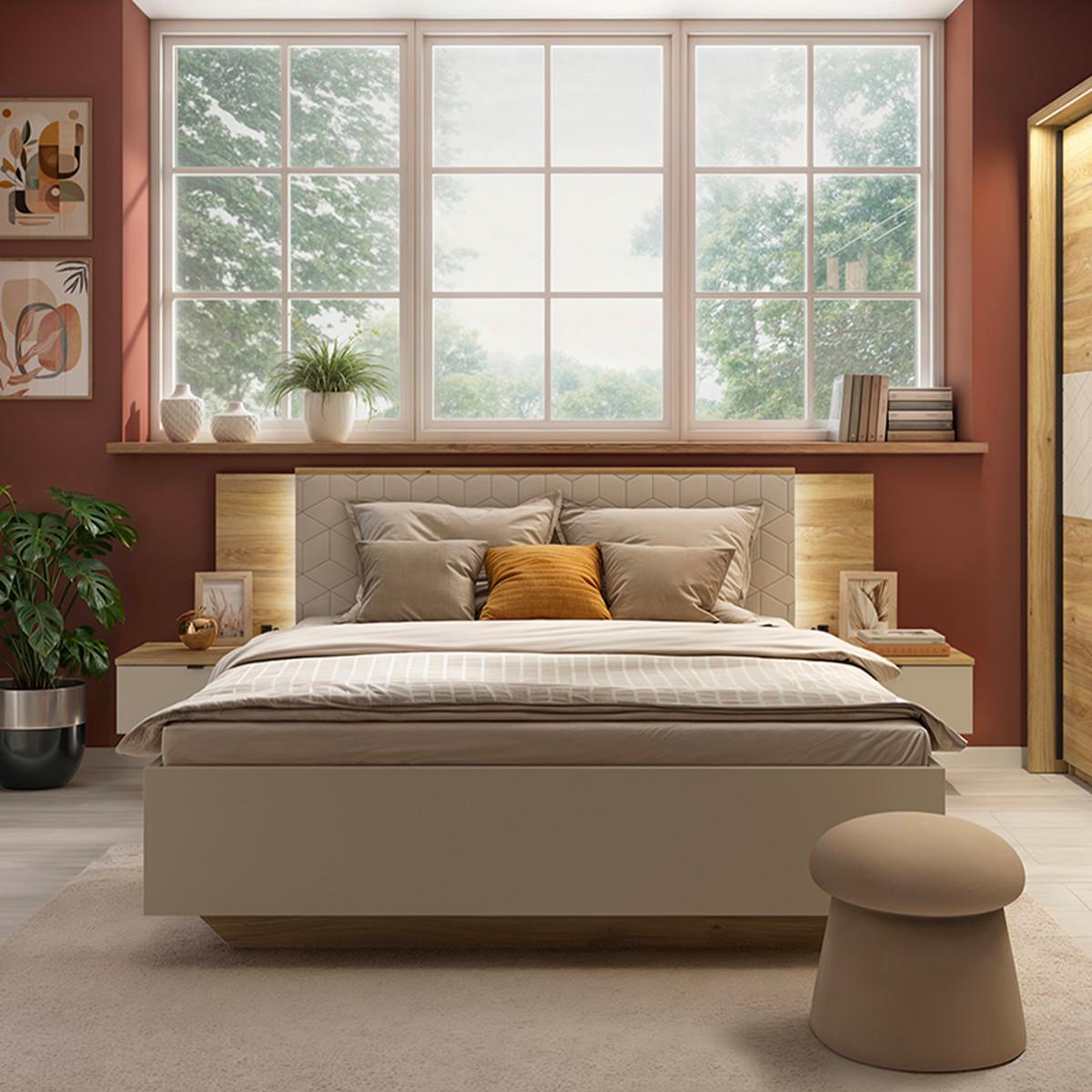 BOXBETT 160/200 Naya Kaschmir und Eichenholz-Optik - Beige, Holzwerkstoff (160/200cm) - Petits-meubles