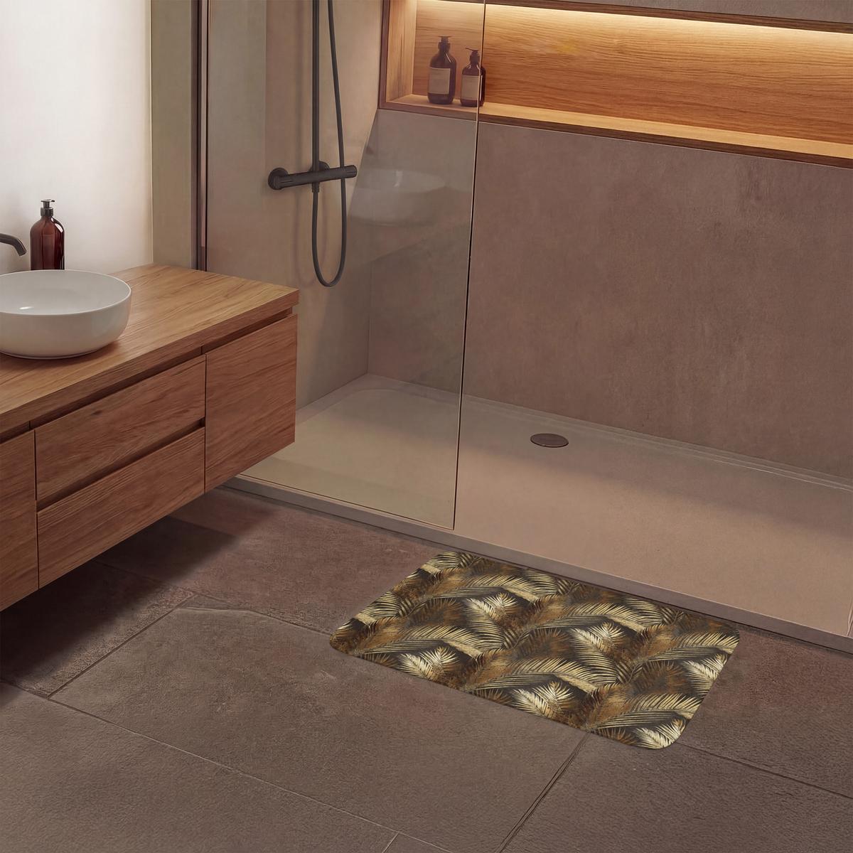 BADEMATTE Tropisch - Blätter - Gold Badvorleger 80x50 cm - Dunkelbraun/Goldfarben, Textil (80/50cm) - OnlyWow