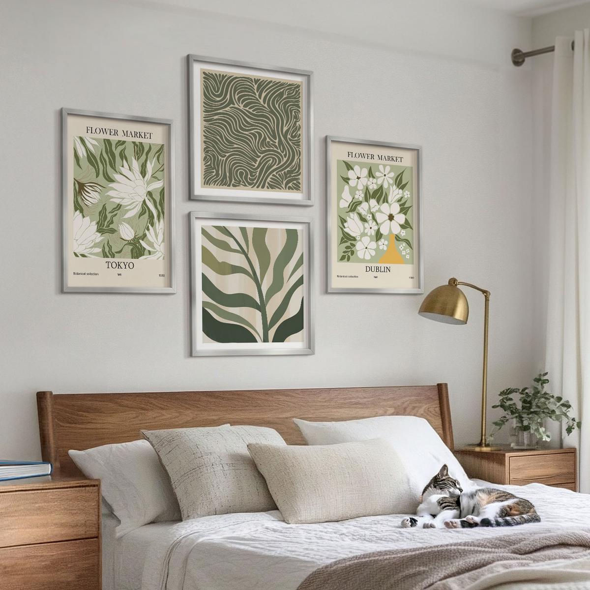 BILDER SET 4er Set - 50x50 cm & 40x60 cm Silberner Rahmen - Pflanzenmuster, Boho-Dekorationen - Silberfarben, Kunststoff (50/50cm) - TULUP