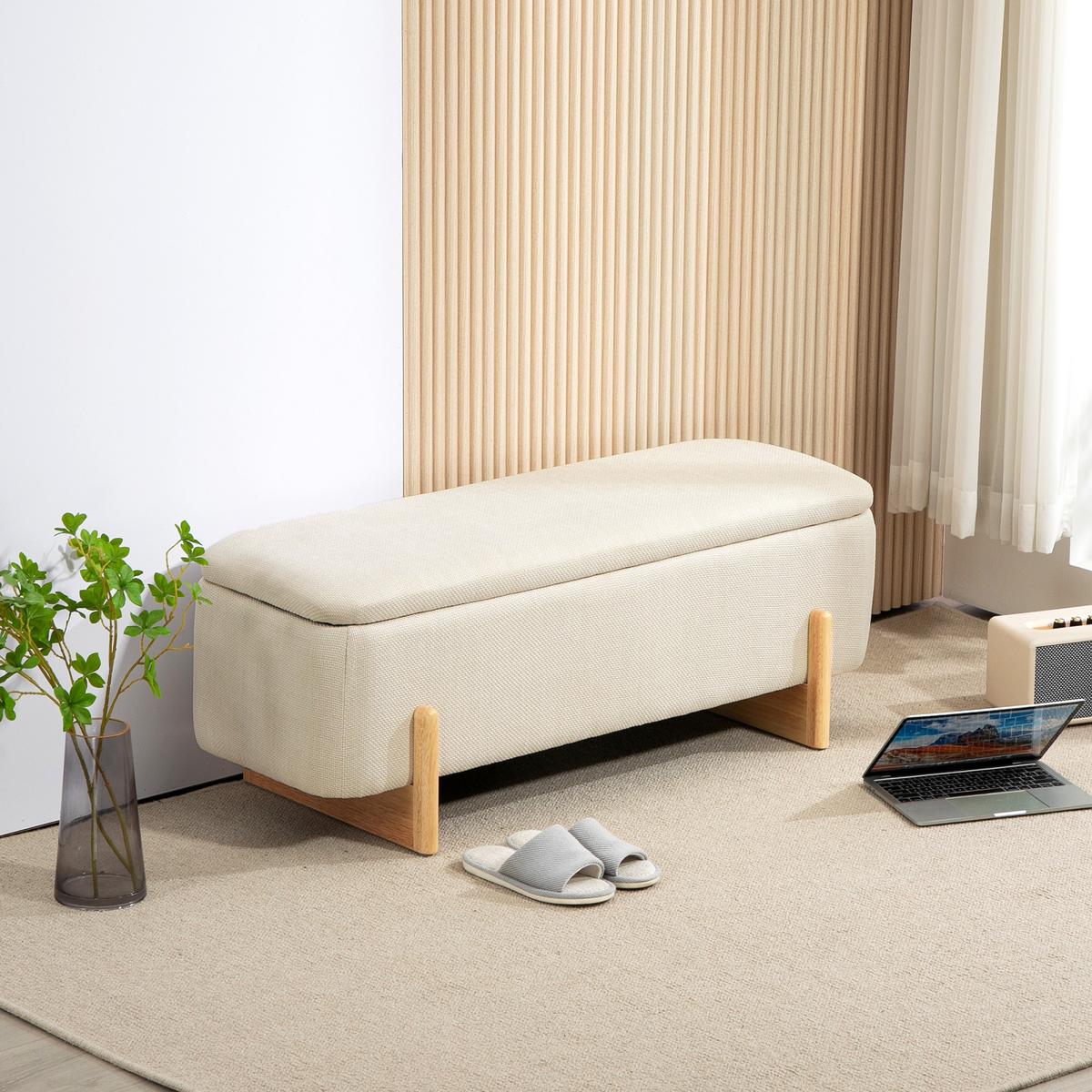 TRUHENBANK mit Leinenoptik, Holzbeine, Creme - Buchefarben/Creme, Kunststoff/Buchenholz (44/44.5/111cm) - HOMCOM