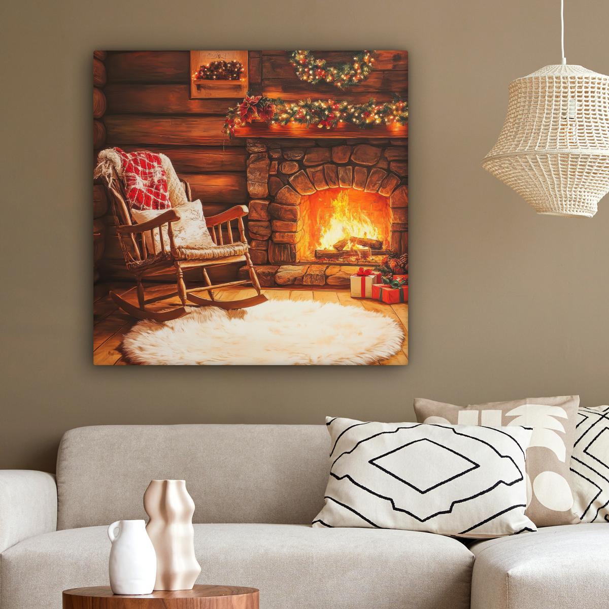LEINWANDBILD Winter - Weihnachten - Zuhause - Kamin Deko Groß 90x90 cm - Bernsteinfarben, Textil (90/90cm) - MuchoWow