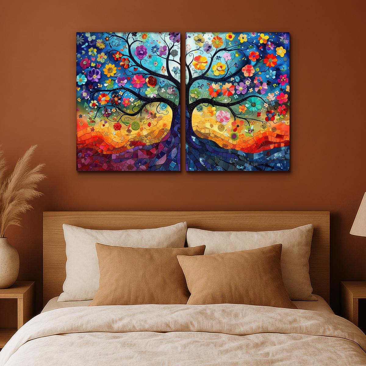 LEINWANDBILD 2er Set Bunt - Baum des Lebens - Blumen - Abstrakt 100x70 cm - Blau, Textil (100/70cm) - MuchoWow