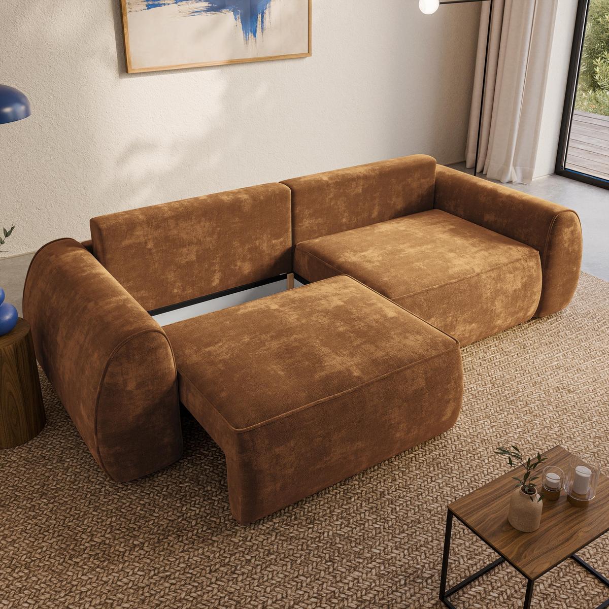 BETTSOFA ZEFEO Hellbraun Chenille-Stoff mit Schlaffunktion - Hellbraun, Textil (264/96/106cm) - MASSENO