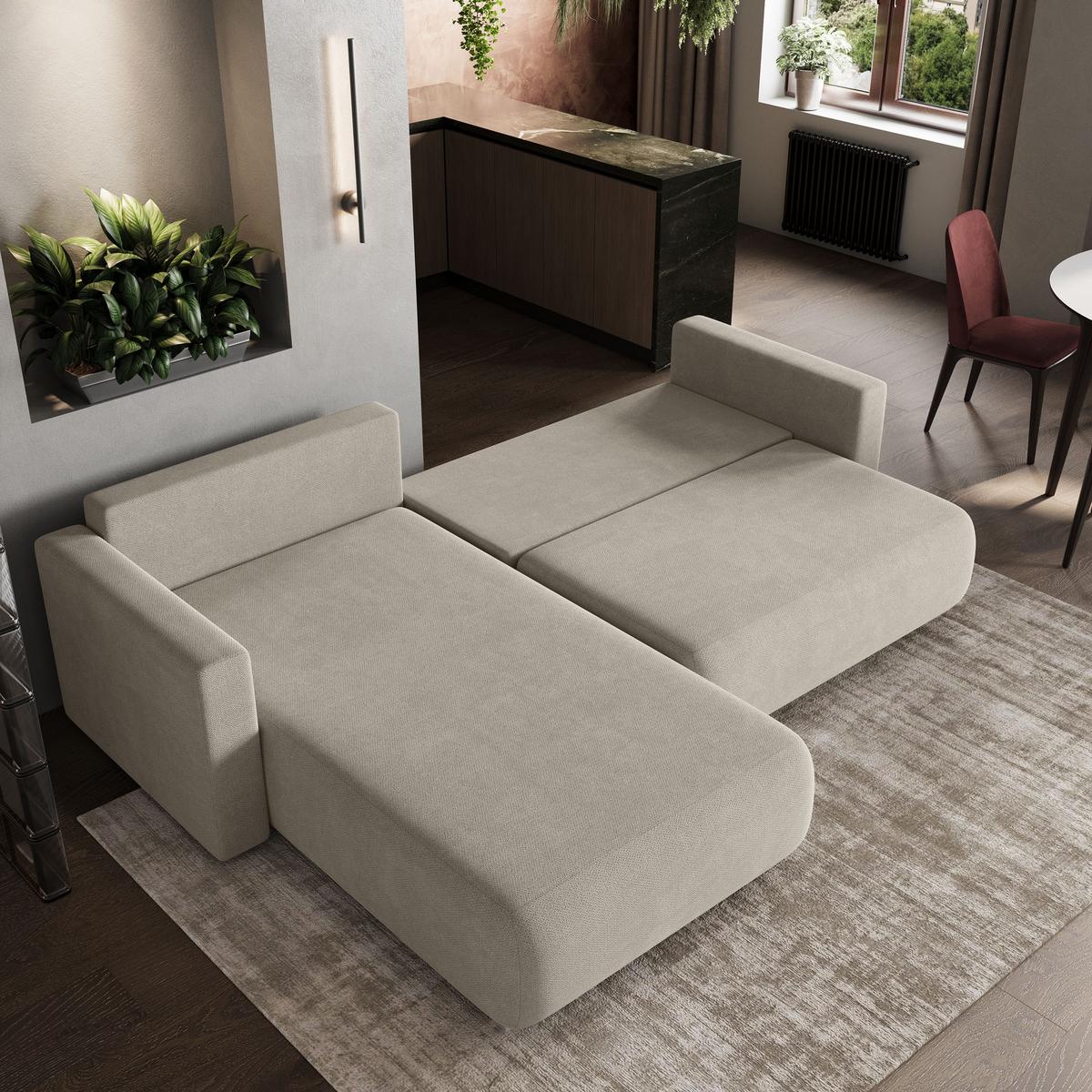ECKSOFA TURIN Beige Geflochtener Stoff mit Schlaffunktion - Beige, Holz (265/183cm) - MASSENO