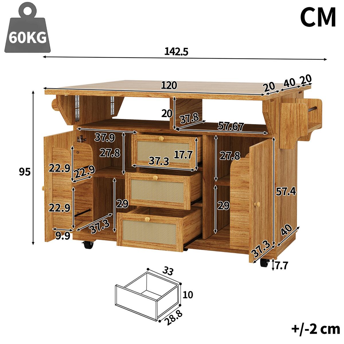 KÜCHENINSEL Dunkelbraun Ausklappbar Mit PE-Rattanschubladen & Rollen - Dunkelbraun, Holzwerkstoff (142.5/95/80cm) - Urban Meuble