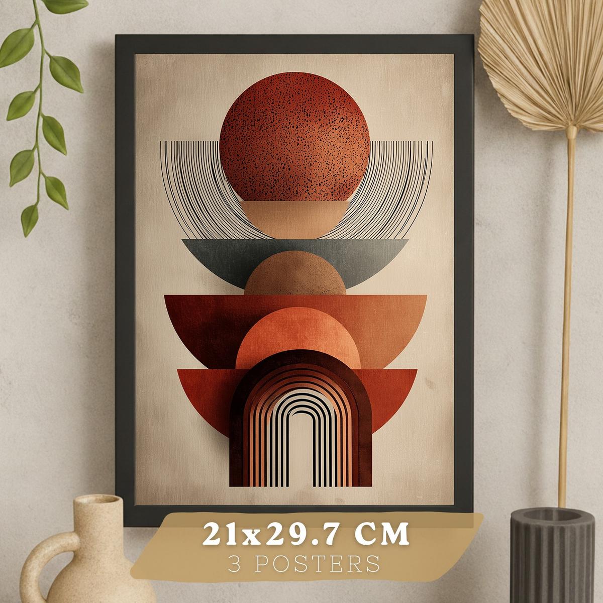 POSTER 3er Kunstdruck-Set Wandbilder Abstrakte Formen Rot Orange modern Wohnzimmer Deko, Schlafzimmer, Küche, Badezimmer Schwarzer Rahmen A4 - Schwarz, Papier (29.7/1/21cm) - Nacnic