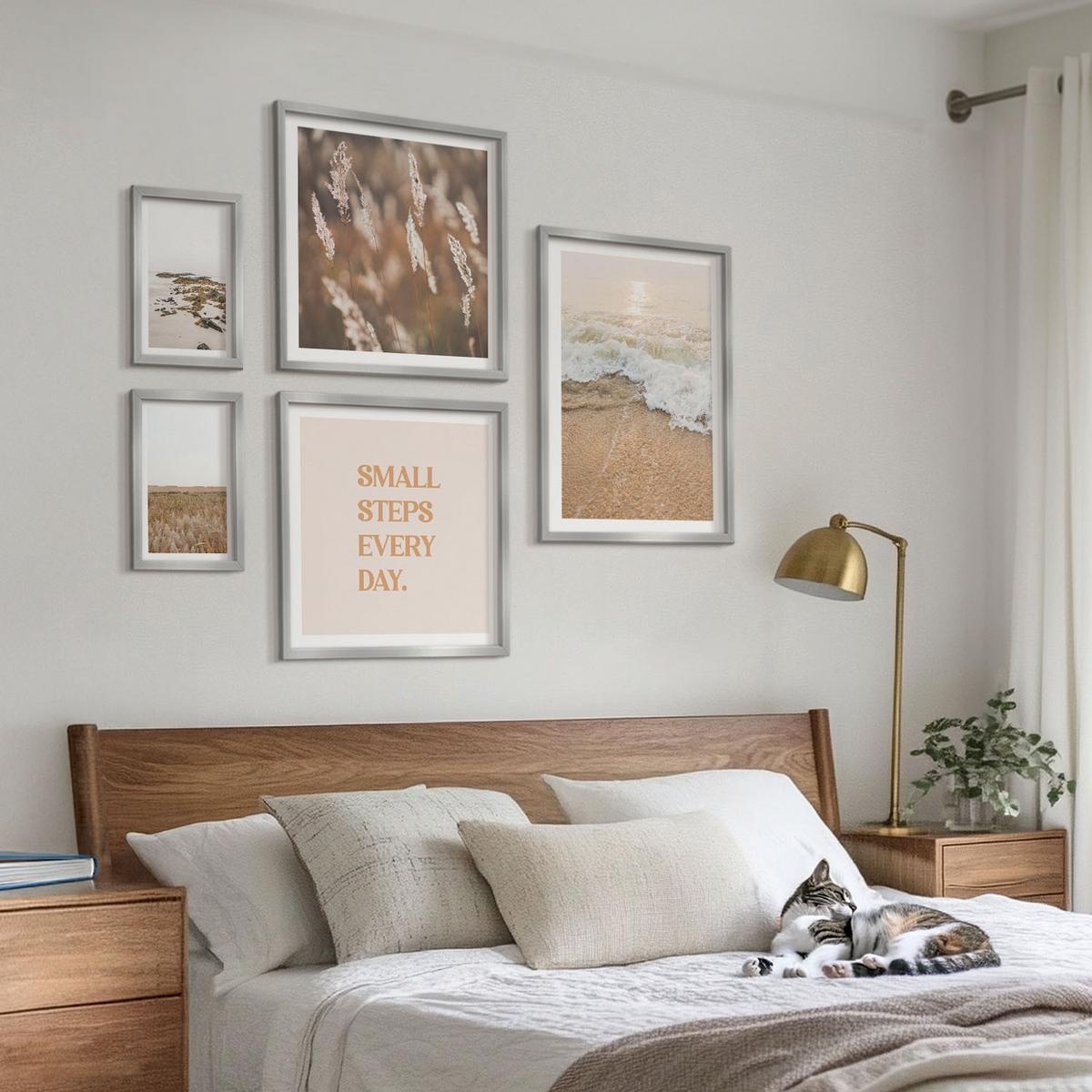 BILDER SET 5er Set - 50x50 cm & 20x30 cm & 40x60 cm Silberner Rahmen - Strandwellen, Steine, Sommer - Silberfarben, Kunststoff (40/60cm) - TULUP