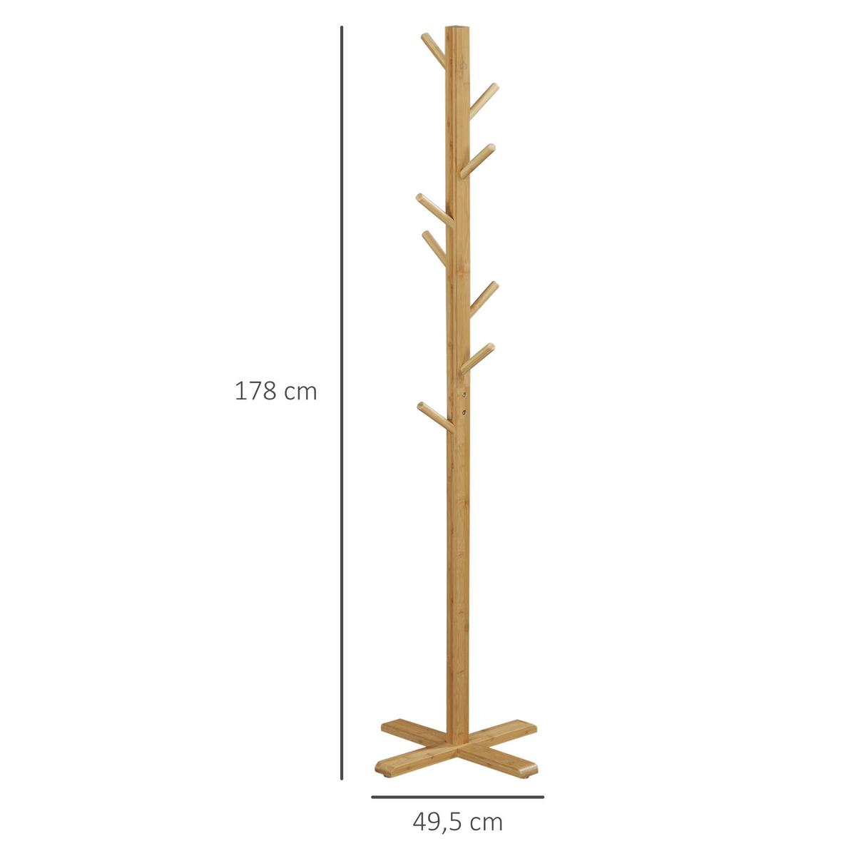 GARDEROBENSTÄNDER aus Bambus, Kleiderständer mit 8 Haken, Jackenständer für Flur - Naturfarben, Naturmaterialien (49.5/178/49.5cm) - HOMCOM