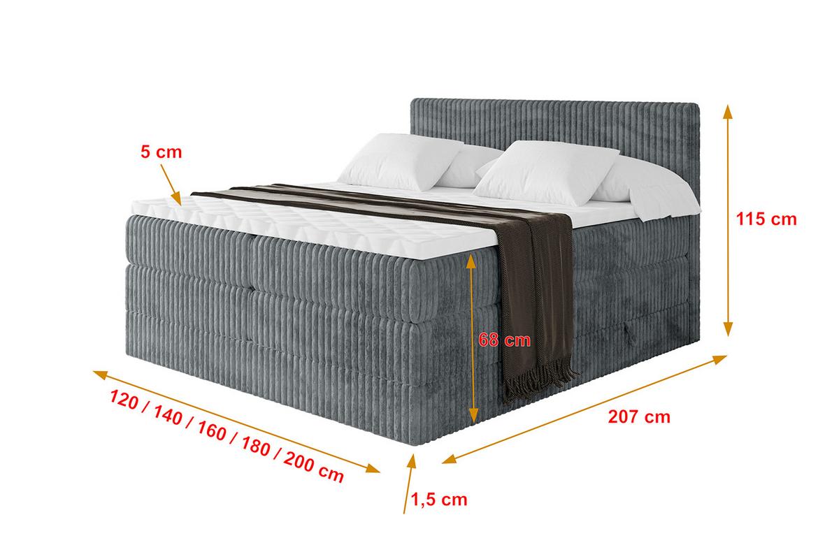 BOXSPRINGBETT mit Matratze H3|H4 und Lattenrost - TOLO KING 140x200 Cord - Dunkelgrau - Dunkelgrau, Holzwerkstoff (140/200cm) - ALTDECOR