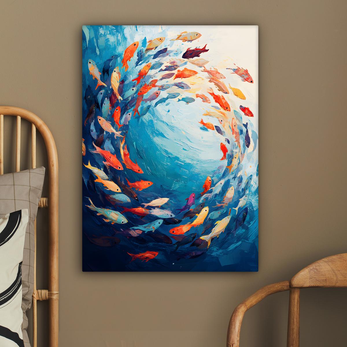 LEINWANDBILD Meer - Fische - Bunt - Dynamisch Wandbild Wohnzimmer 60x80 cm - Hellblau, Textil (60/80cm) - MuchoWow