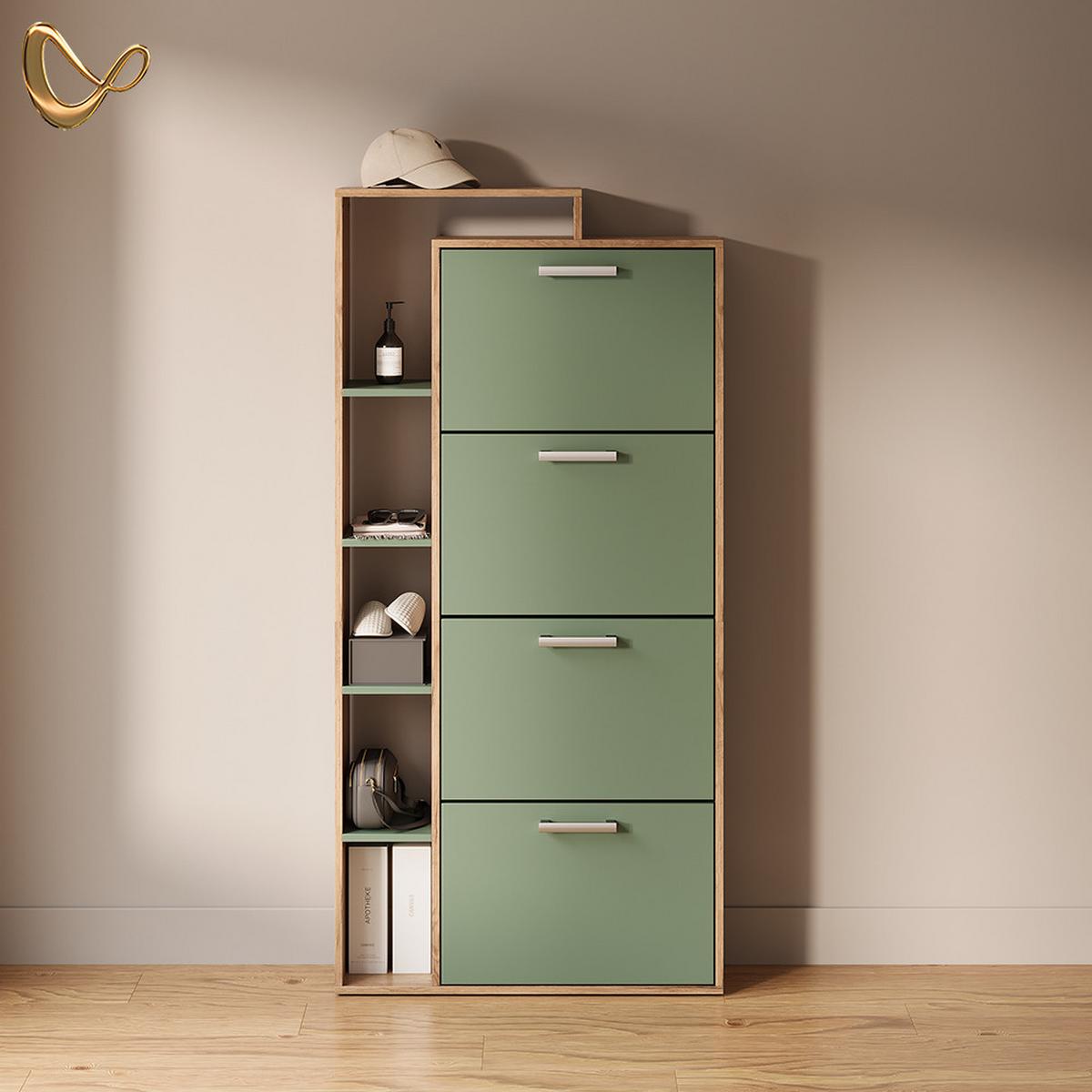 SCHUHKIPPER Ortello Goldkraft Eiche/Grün 80 x 166.1 cm mit 4 Fächern - Honigeiche/Grün, Holzwerkstoff (80/166.1/24.2cm) - Livinity®