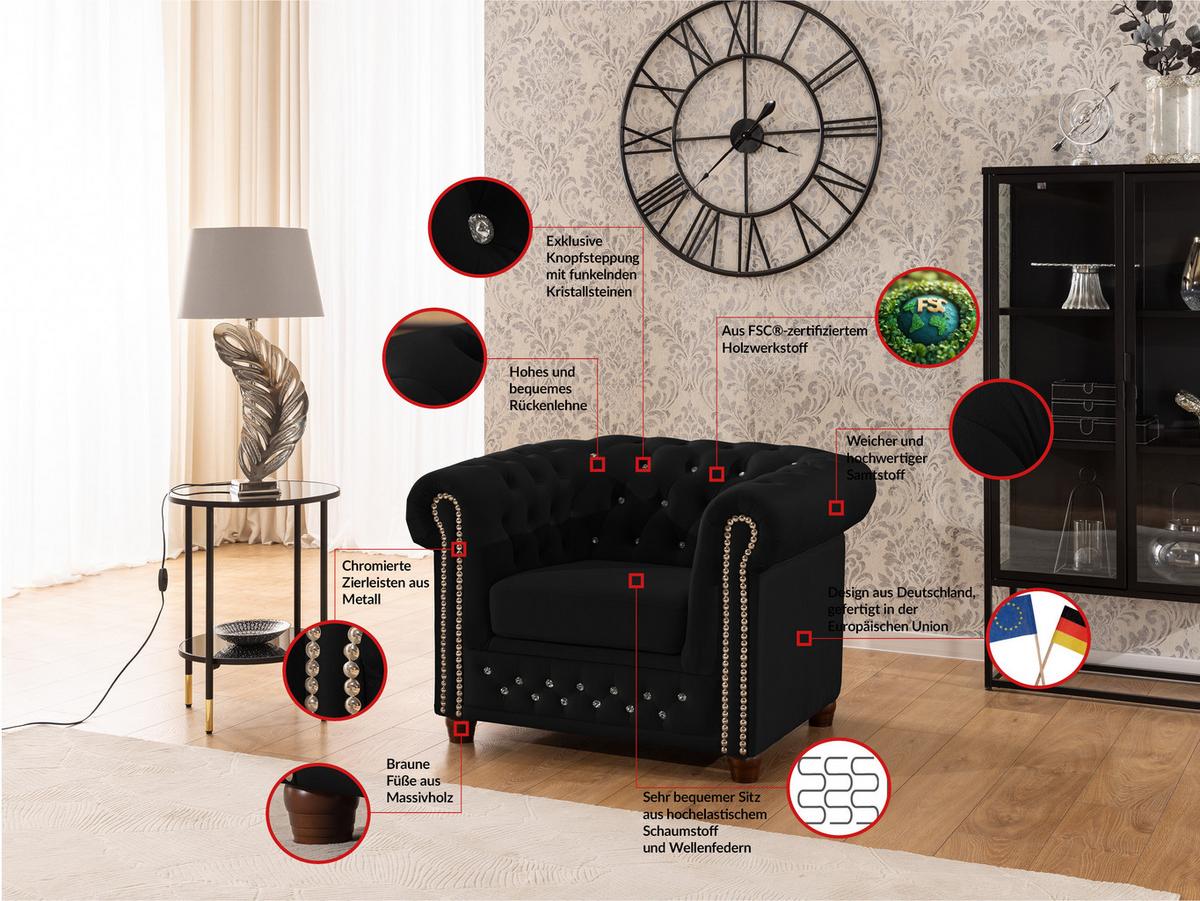 CHESTERFIELD-SESSEL Cleo Blink Schwarz Samt mit Kristallsteppung und braunen Massivholzfüßen - Beige/Schwarz, Holz/Textil (104/72/86cm) - S-Style Möbel