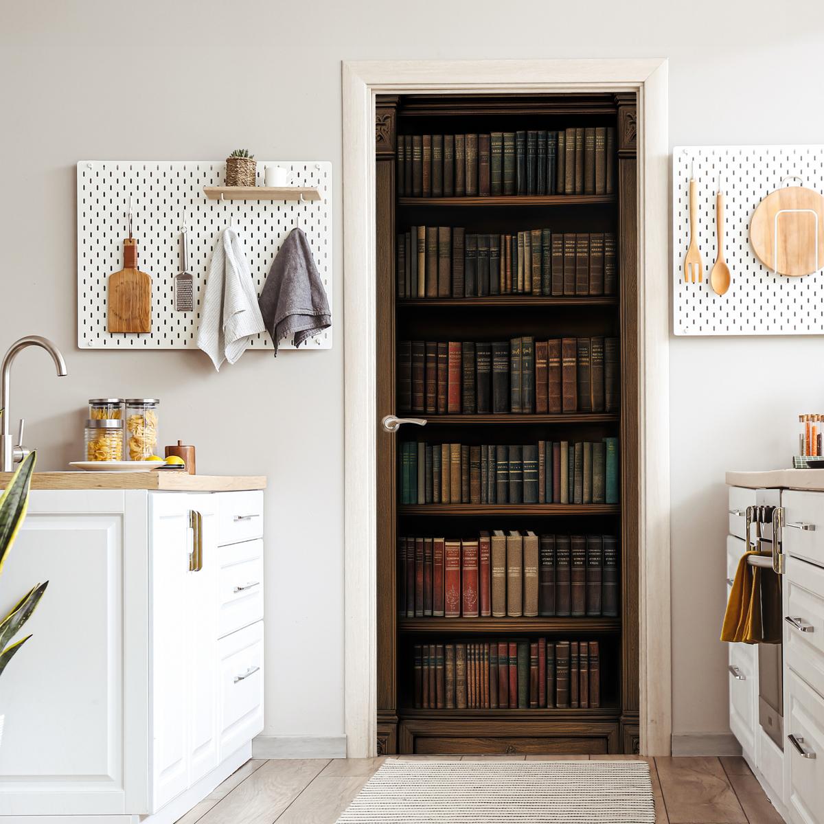 TÜRAUFKLEBER Bücherregal - Vintage - Braun 90x215 cm - Türtapete - Nussbaumfarben, Kunststoff (90/0.1cm) - MuchoWow