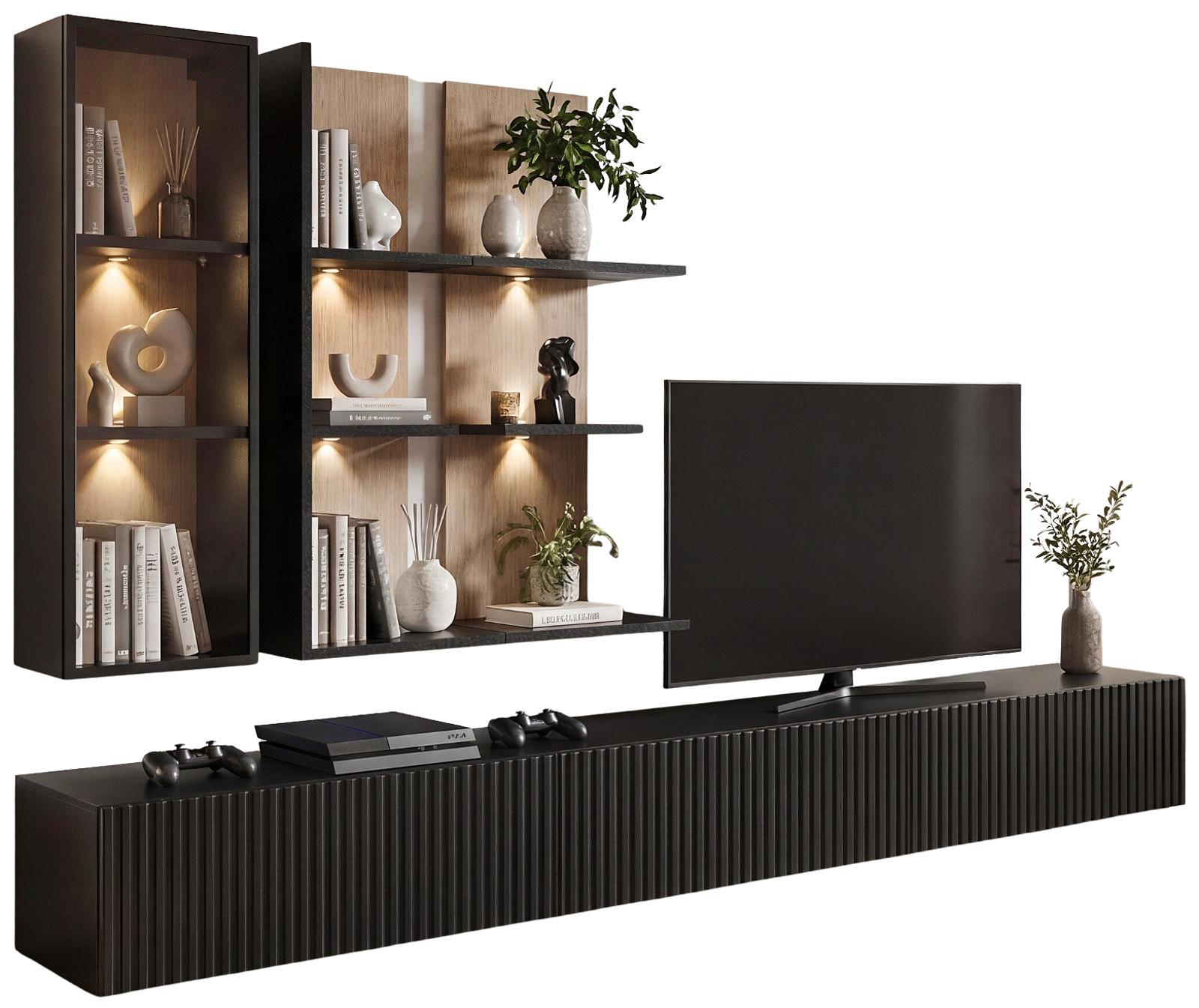 WOHNWAND Schwarz mit Vicking Eiche 300 cm, 6-teilig, inklusive LED und Push-to-Open-Funktion - Eichefarben/Schwarz, Holzwerkstoff (300/160/45cm) - Inn.Furn