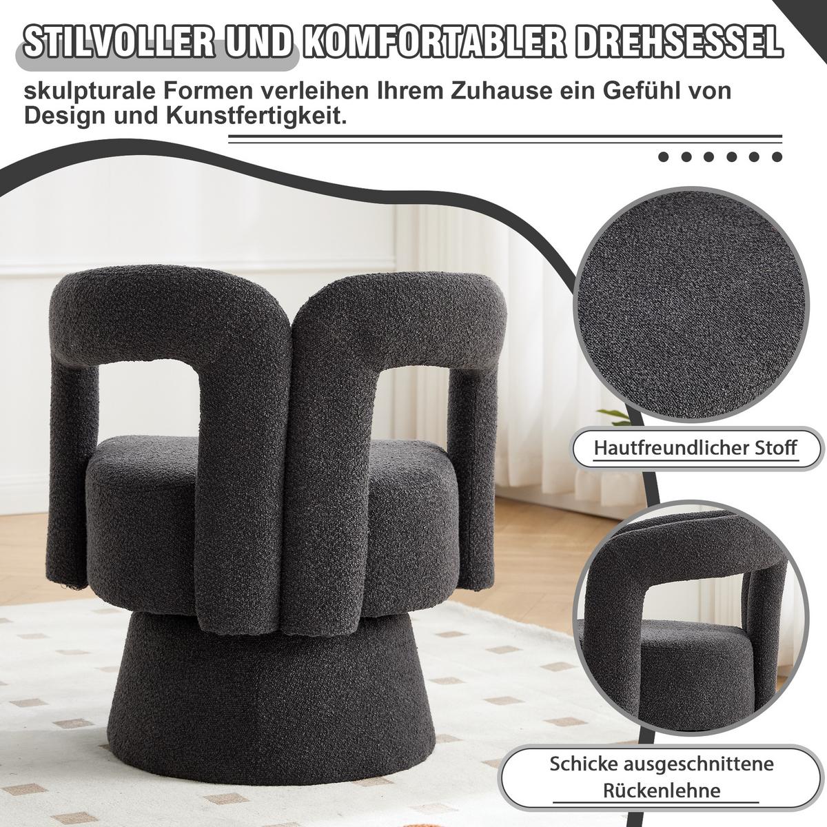 DREHSESSEL 360° Boucle Akzentstuhl Polstersessel für Wohnzimmer & Büro - Dunkelgrau, Textil (67/74/55cm) - Urban Meuble