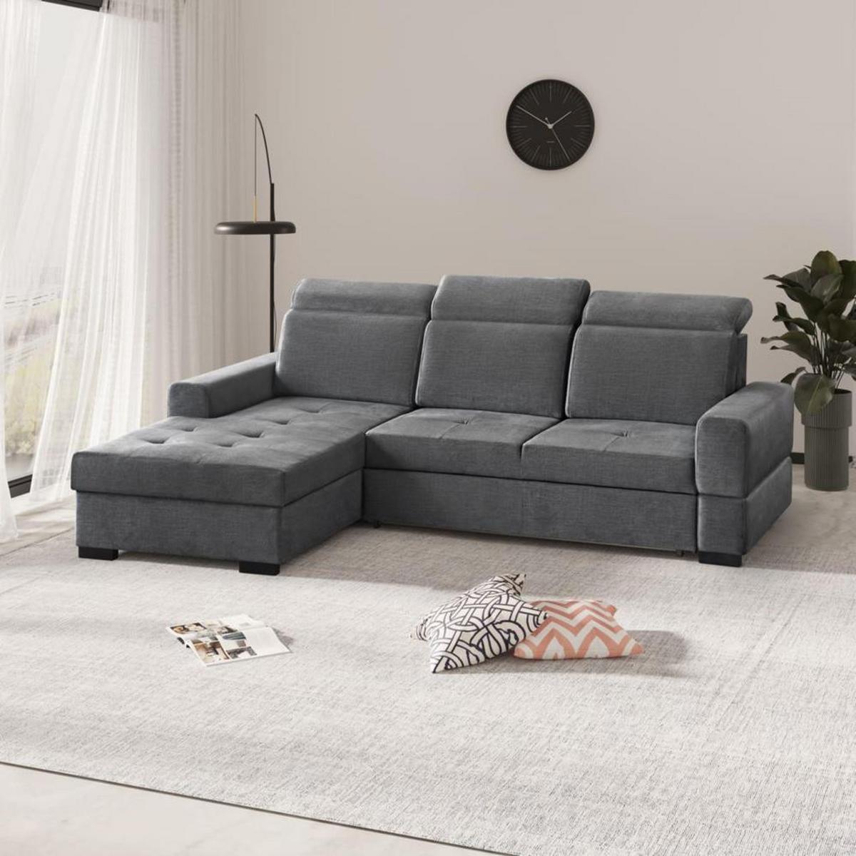 ECKSCHLAFSOFA Alex Mini grau links - Schwarz/Grau, Textil (245/185cm) - Beautysofa