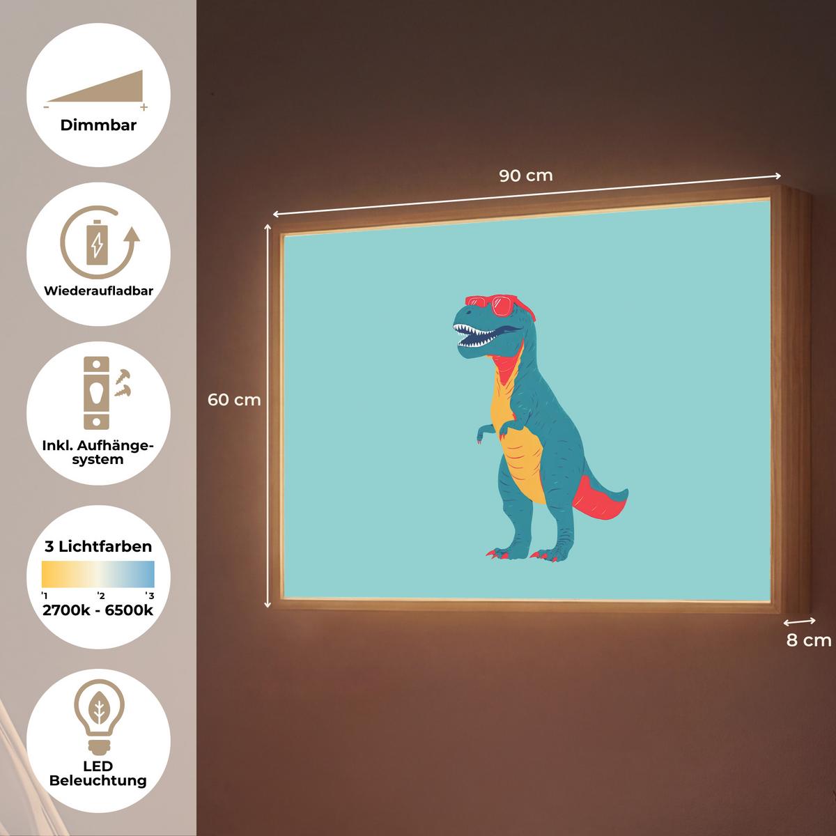 WANDLEUCHTE MIT AKKU Dinosaurier - Blau - Sonnenbrille 90x60 cm - Hellblau, Holzwerkstoff (90/60/8cm) - OnlyWow