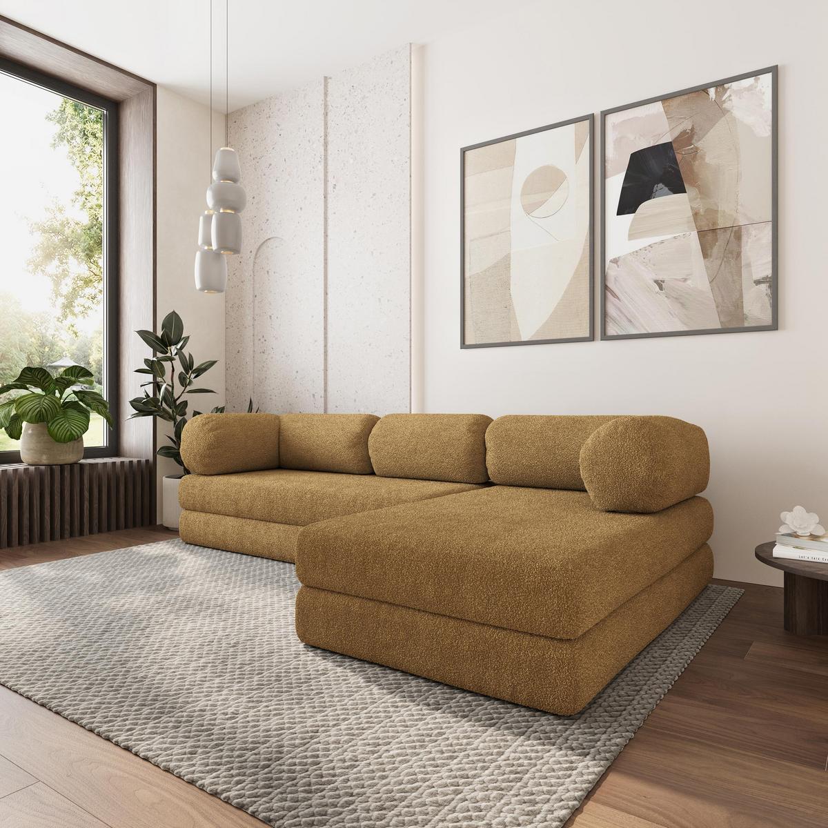 ECKSOFA KELI modulares Boneless Sofa mit Schlaffunktion Orange Boucle-Stoff - Gelb, Textil (270/160cm) - MASSENO
