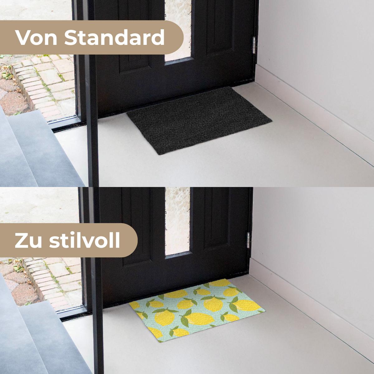 FUSSMATTE Muster Zitronen - Gelb - Blau - Muster - Früchte Flurteppich 60x40 cm - Gelb, Kunststoff (60/0.4cm) - MuchoWow