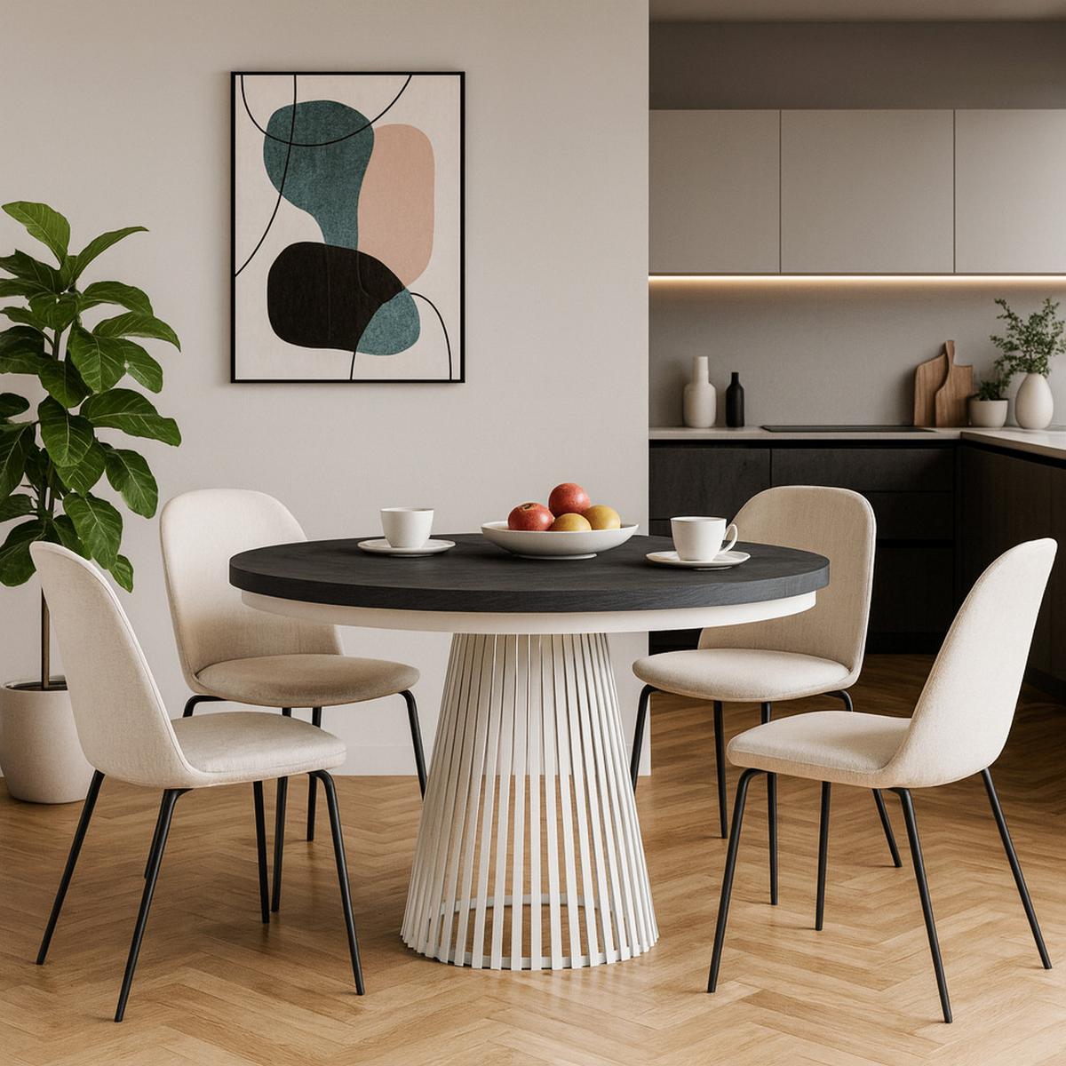 ESSTISCH Lumi, Runder, ausziehbar auf 180 cm, mit Metallbeinen, Weiß+Schwarz - Schwarz/Weiß, Holzwerkstoff/Metall (100/100/77cm) - Beautysofa