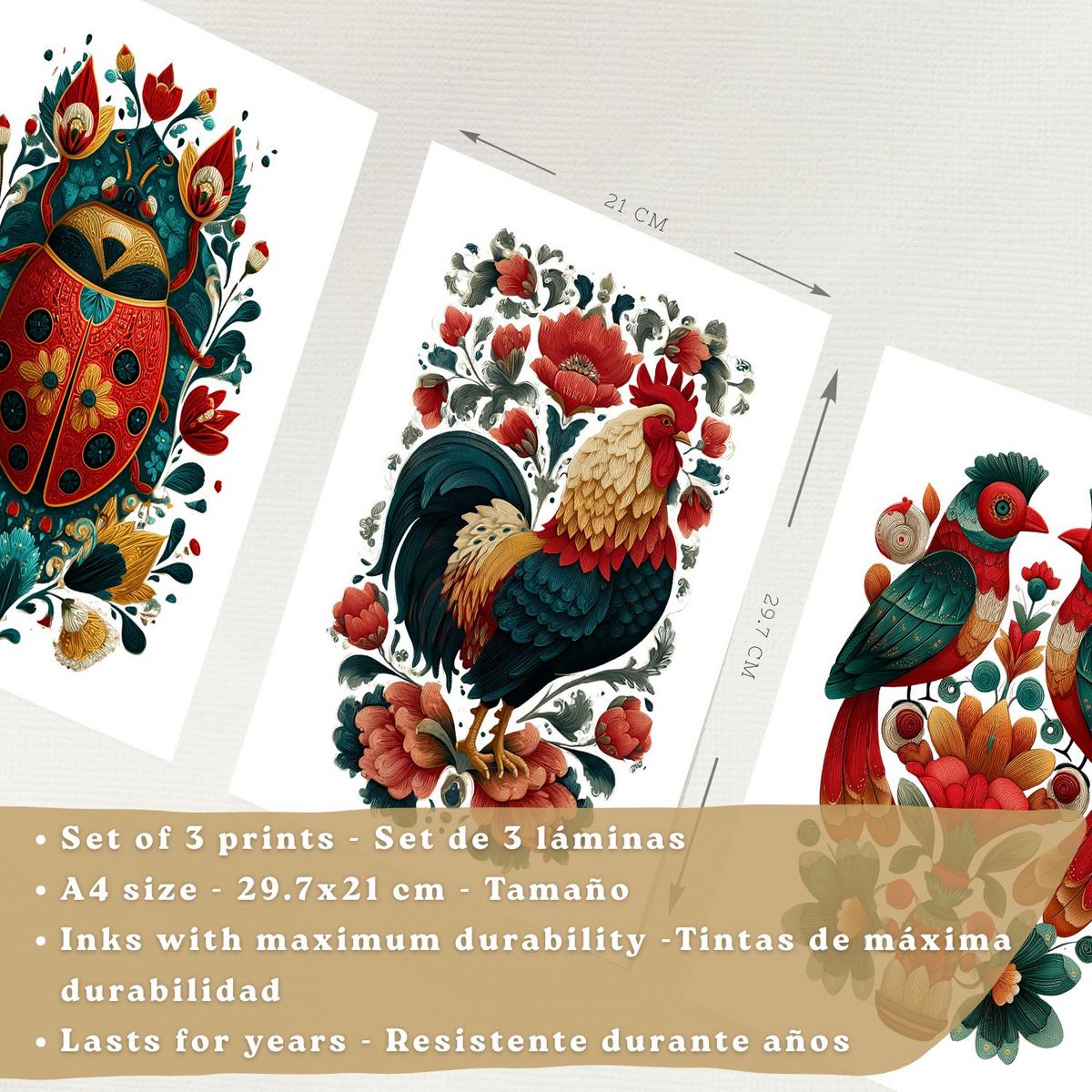 POSTER 3er-Set Kunstdrucke im Folk-Stil, dekorative Tier Blumenmotive, farbenfrohe Kunstposter für Zuhause, Wohnzimmer, Badezimmer Weißer Rahmen A4 - Weiß, Papier (29.7/21/3cm) - Nacnic