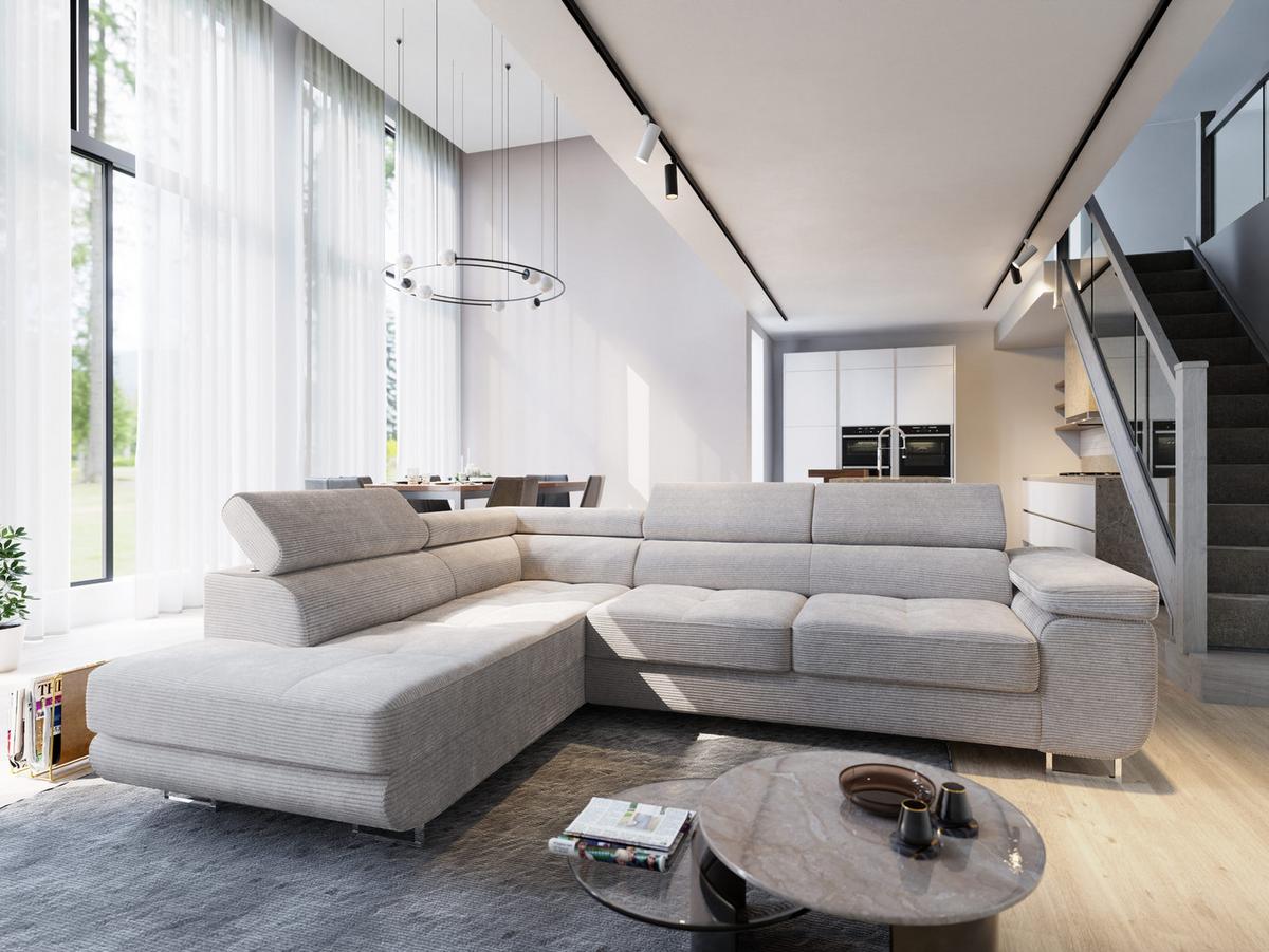ECKSOFA APIRO L-S Creme Kordstoff mit Schlaffunktion - Silberfarben/Creme, Holz/Textil (276/202cm) - MASSENO