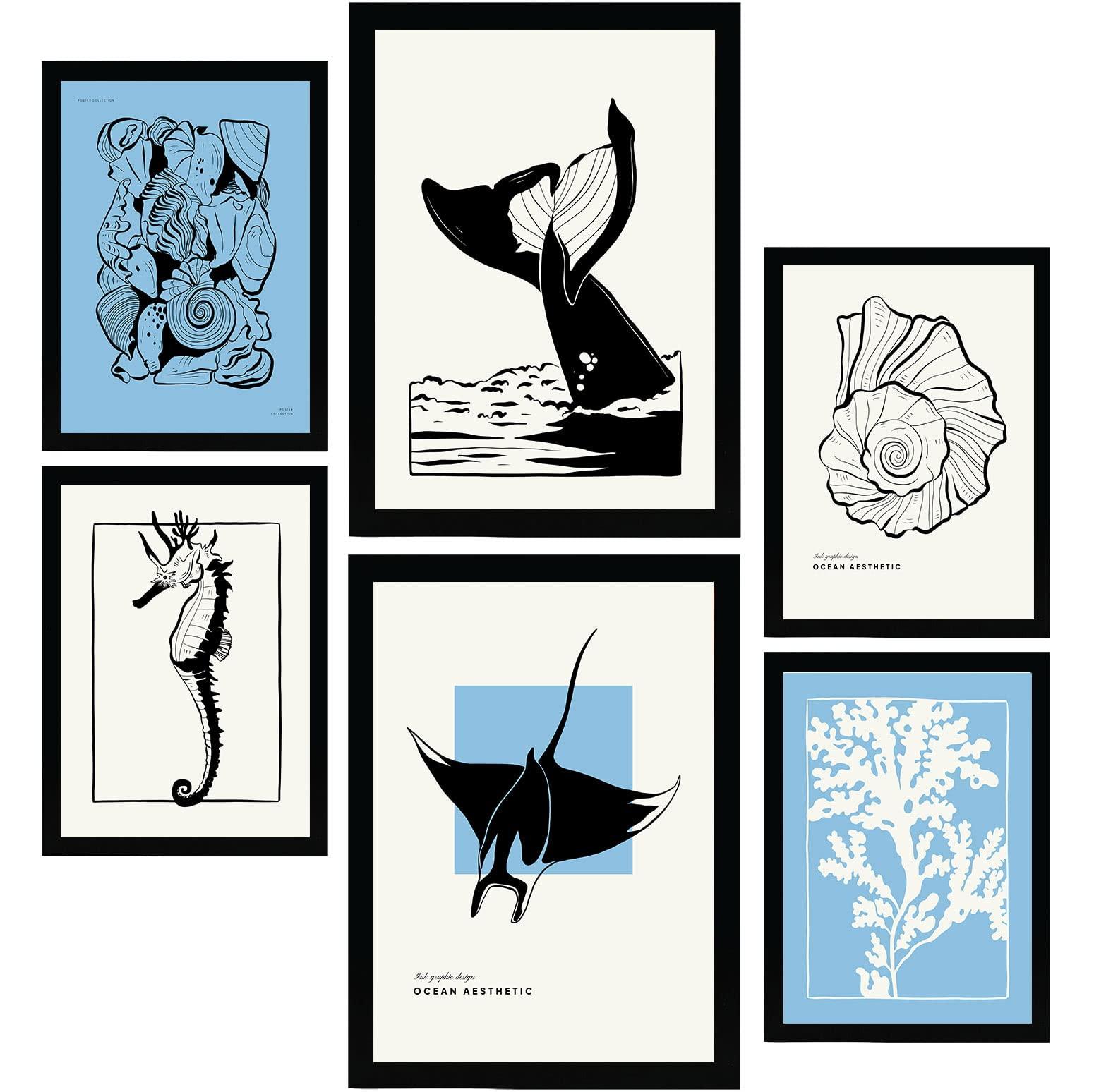 POSTER Set Mit 6 In Schwarzer Tinte Stachelrochen Und Wal Kunstdrucke Von Meer Und Ozean Für Innenarchitektur A3 & A4 Schwarzer Rahmen - Schwarz, Papier (29/3cm) - Nacnic