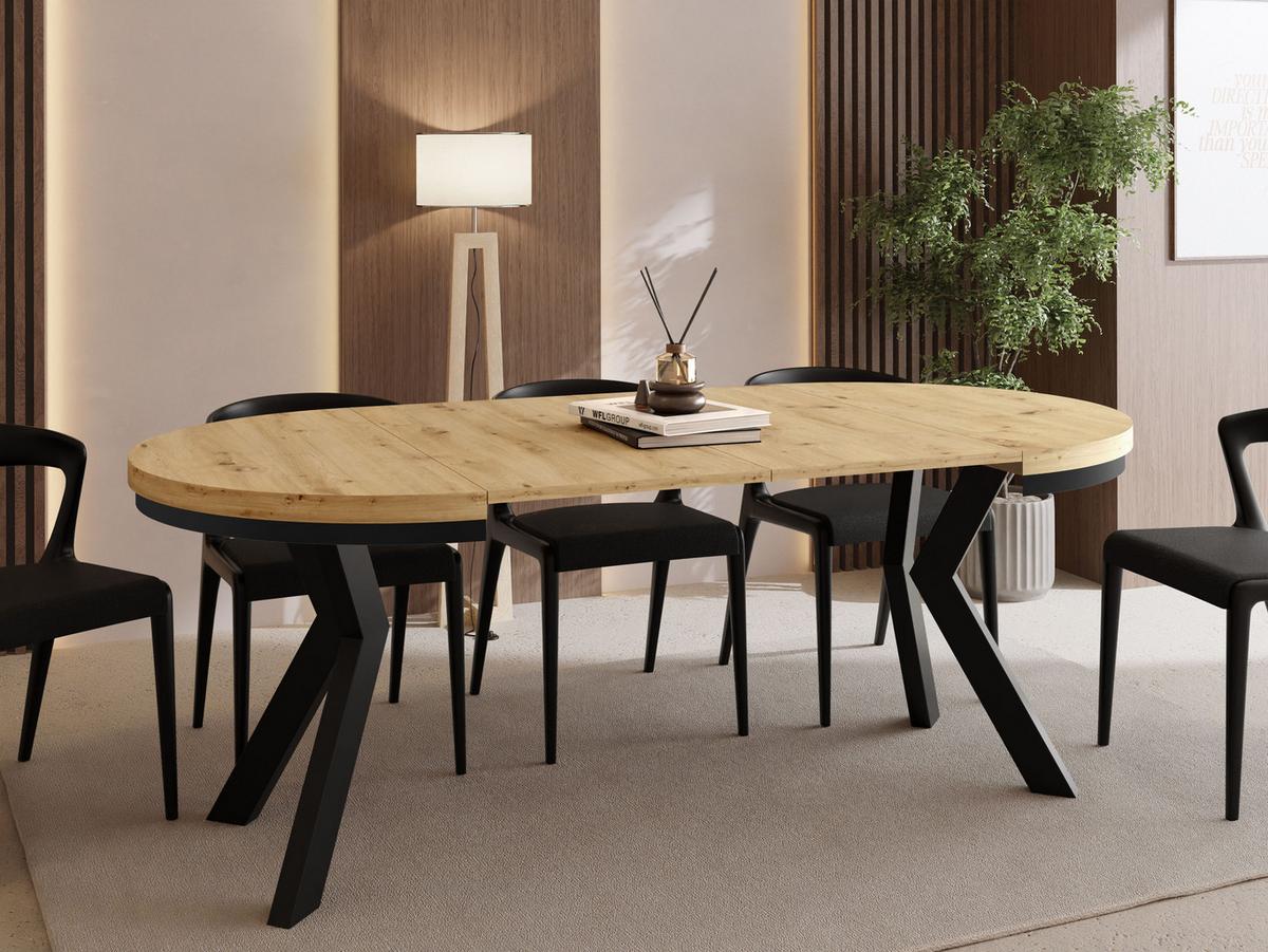 ESSTISCH Savio Neo rund ausziehbar verlängerbar, Eiche Artisan Hellbraun 90-190/90/77 cm - Schwarz/Eiche Artisan, Holz/Holzwerkstoff (90/190/77cm) - WFL GROUP