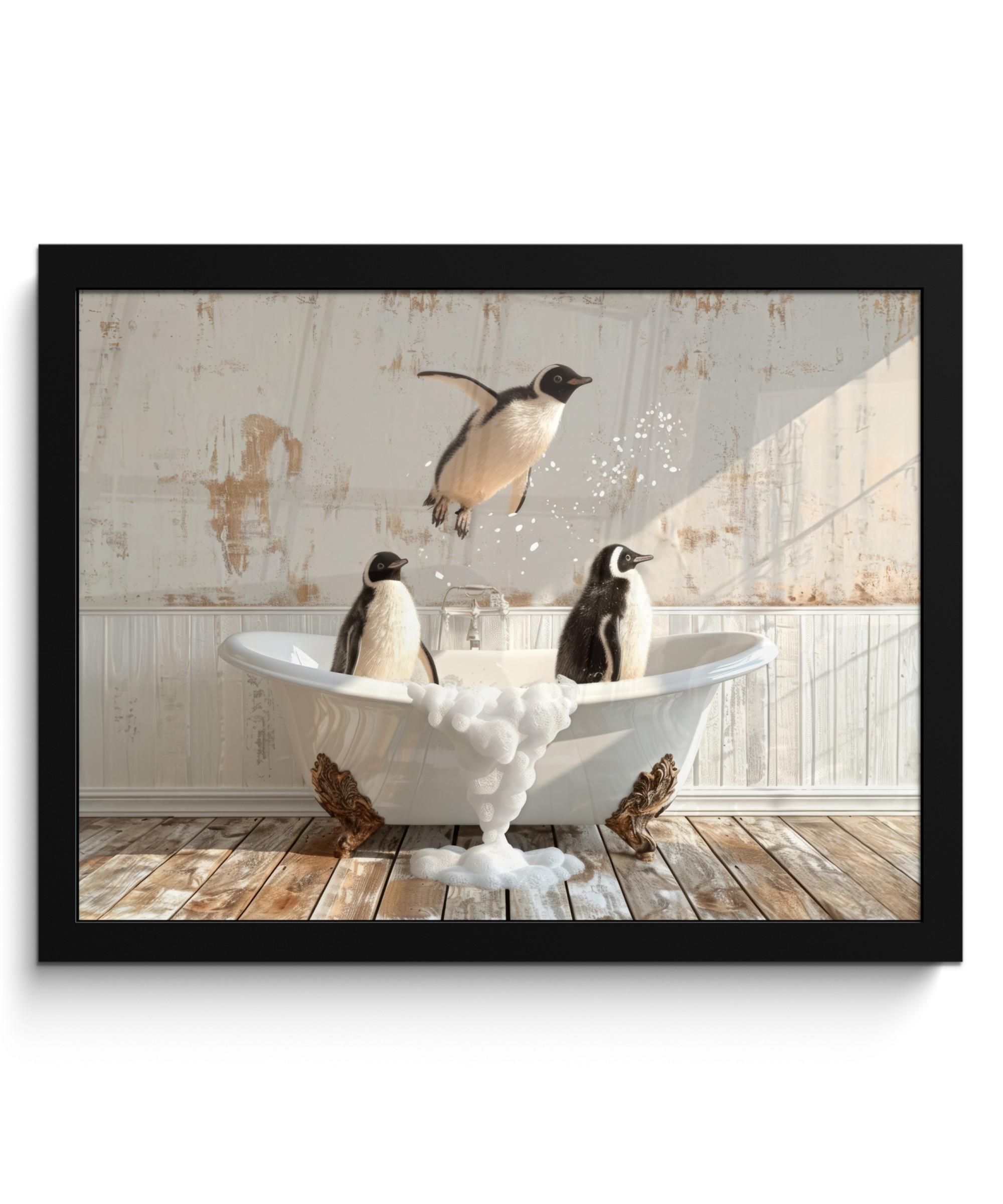 POSTER MIT RAHMEN Vintage - Pinguin - Badewanne - Schaumstoff 40x30 cm - Schwarz, Papier (40/30cm) - MuchoWow