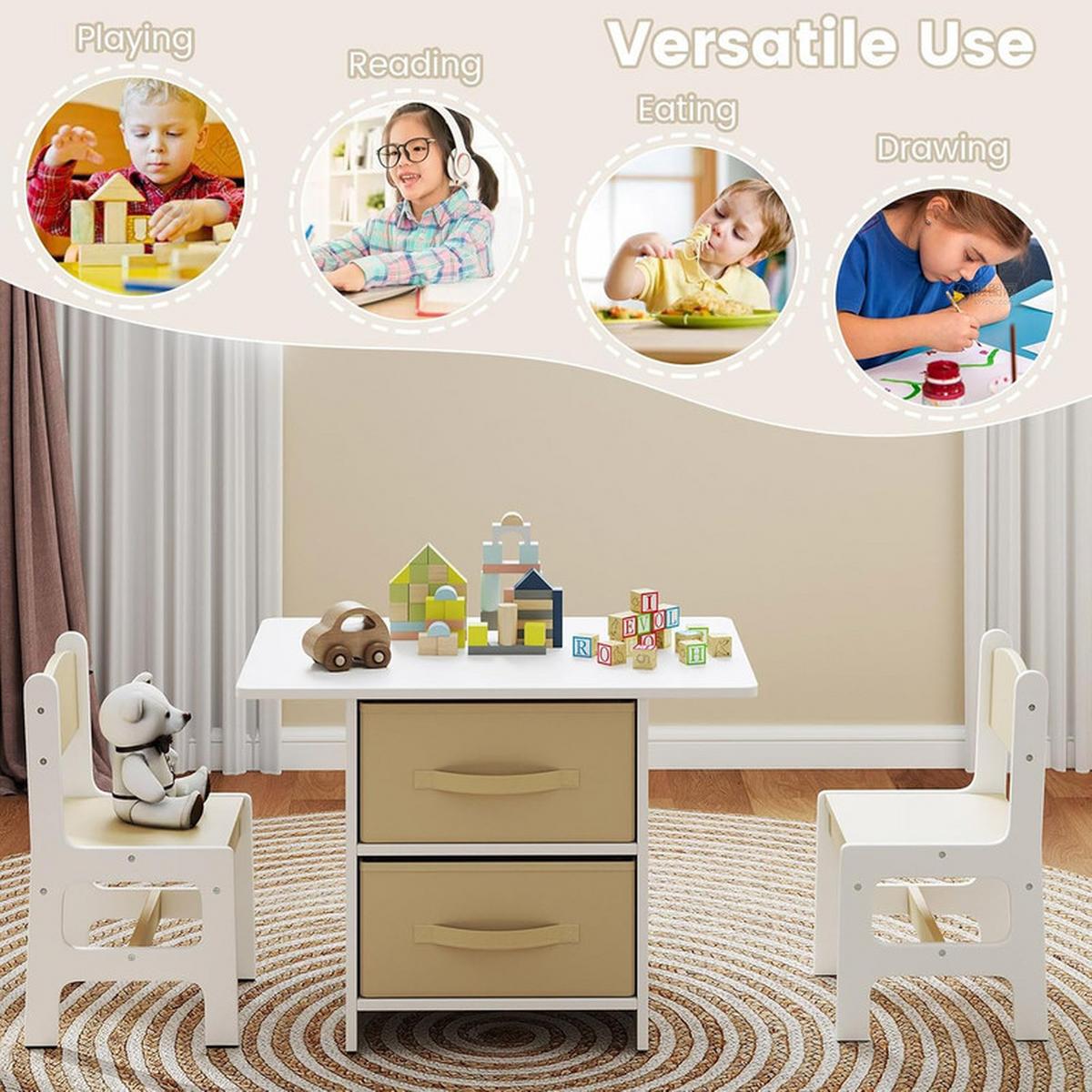 KINDERTISCHE mit Stühlen beige(3-tlg) - Beige, Holzwerkstoff (71/50/48cm) - COSTWAY