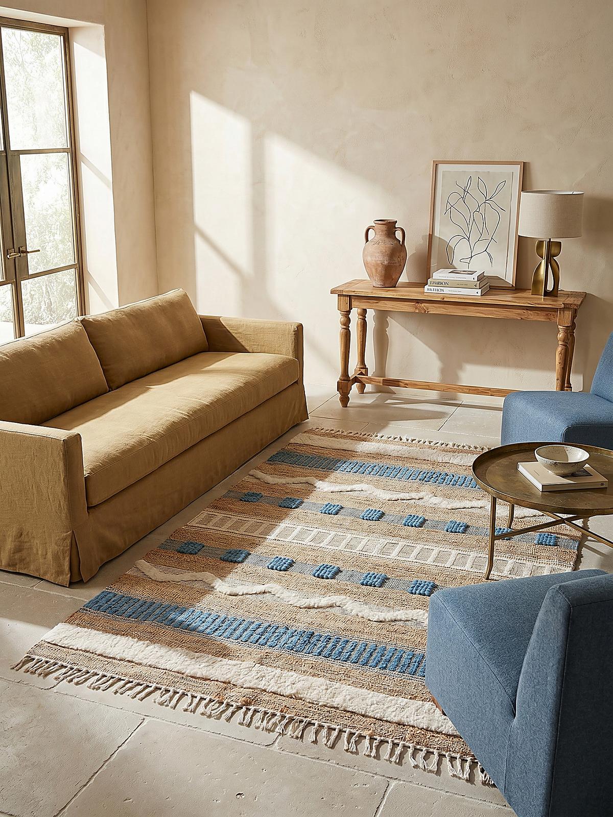 JUTETEPPICH handgewebt mit Fransen WHARFE, im Ethno-Stil, Natur-Blau, 120 x 170 cm - Blau, Textil (170/120cm) - KADIMA DESIGN