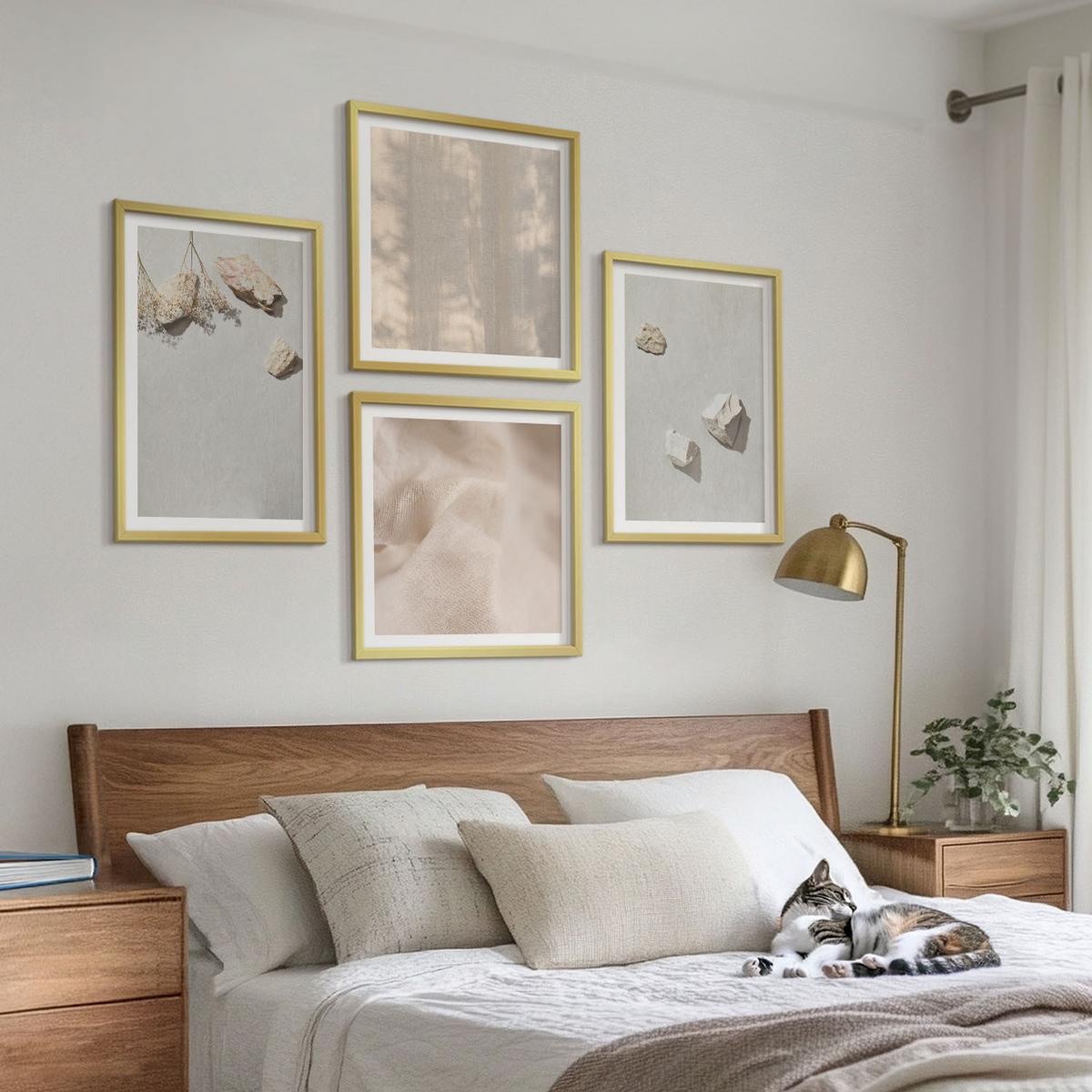 BILDER SET 4er Set - 50x50 cm & 40x60 cm Goldrahmen - Boho-Stranddekorationen aus Steinen - Goldfarben, Kunststoff (50/50cm) - TULUP