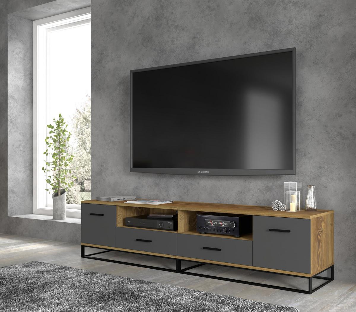 TV LOWBOARD Dunkle Eiche, Schwarz 190/45/42 - Schwarz, Holzwerkstoff (190/45/42cm) - RAUMHIRSCH FURNITURE