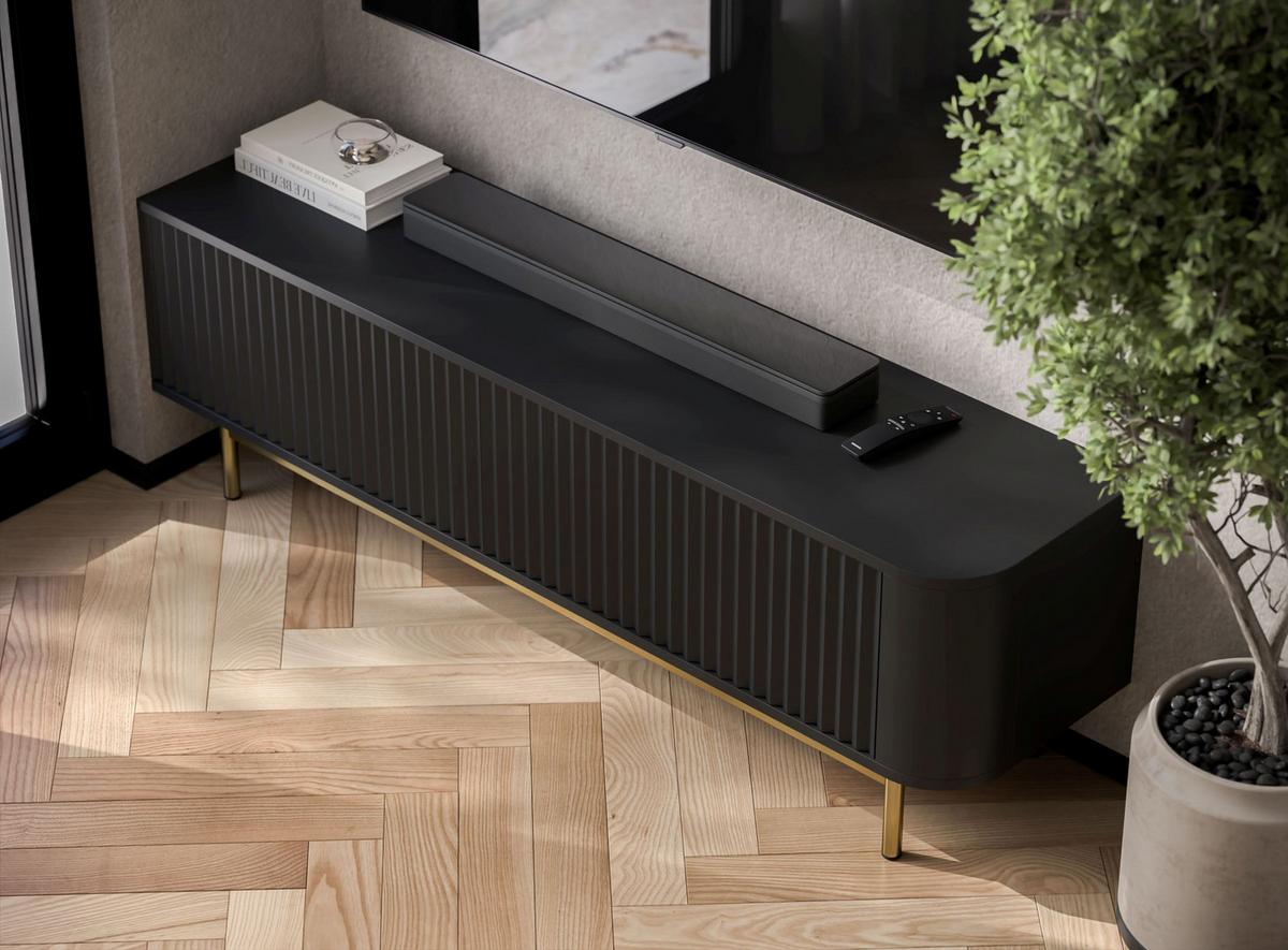 TV-LOWBOARD Aurora 140 cm in Schwarz matt mit goldfarbenem Metallrahmen - Goldfarben/Schwarz, Holzwerkstoff/Metall (140/44/35cm) - Meble Lindner