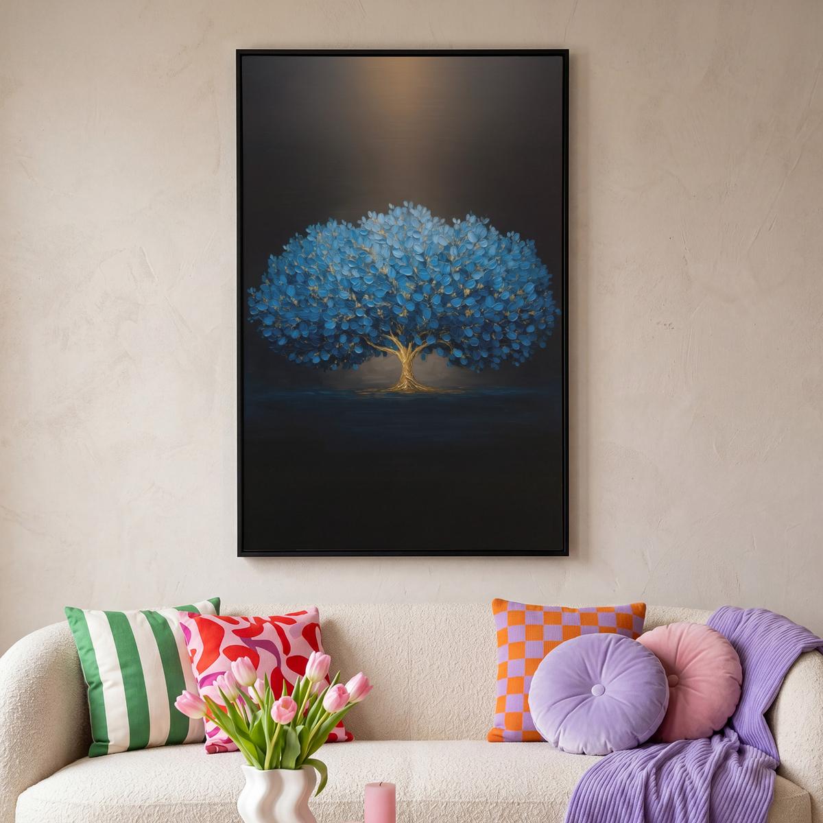 LEINWAND Bilder mit Rahmen - Baum - Blau - Blätter - Pinselstriche - 90x140 - Blau, Textil (90/140cm) - MuchoWow