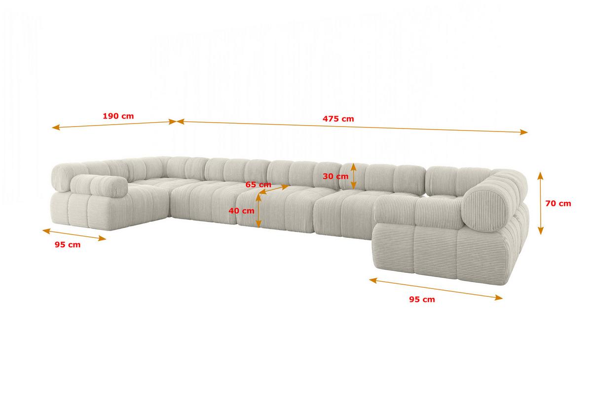 WOHNLANDSCHAFT modulares Sofa Birno-U3 - 475x190x70 cm Creme Cord - Hellgrau/Creme, Holzwerkstoff/Textil (475/70/190cm) - ALTDECOR