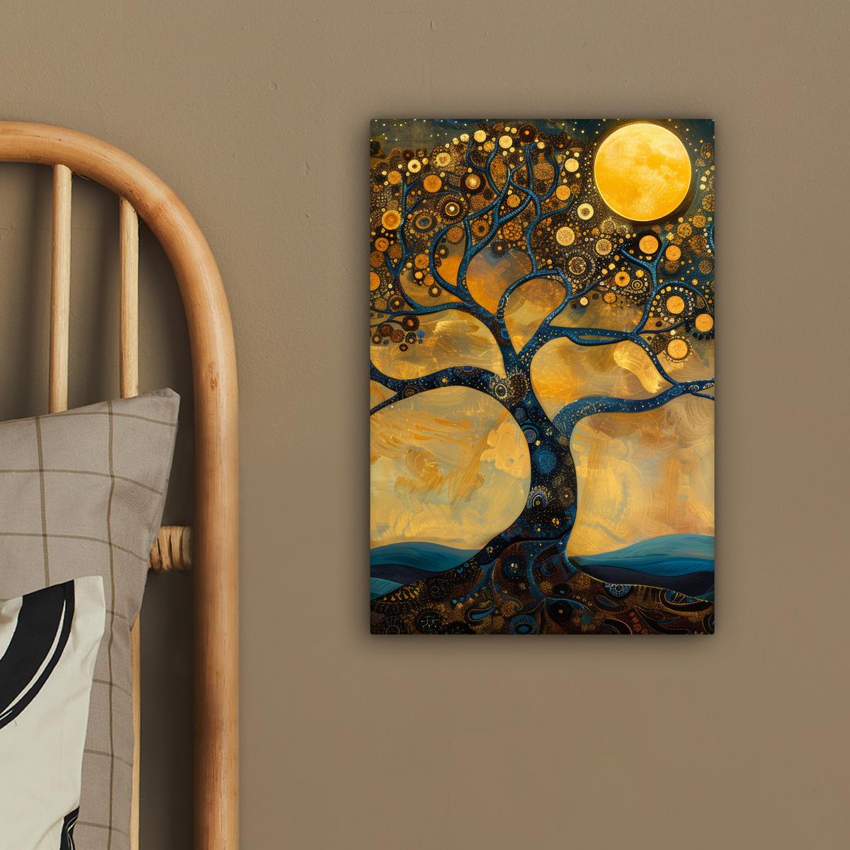 LEINWANDBILD Baum - Mond - Blumen - Gold - Kunst Deko Wohnzimmer 20x30 cm - Orange, Textil (20/30cm) - MuchoWow