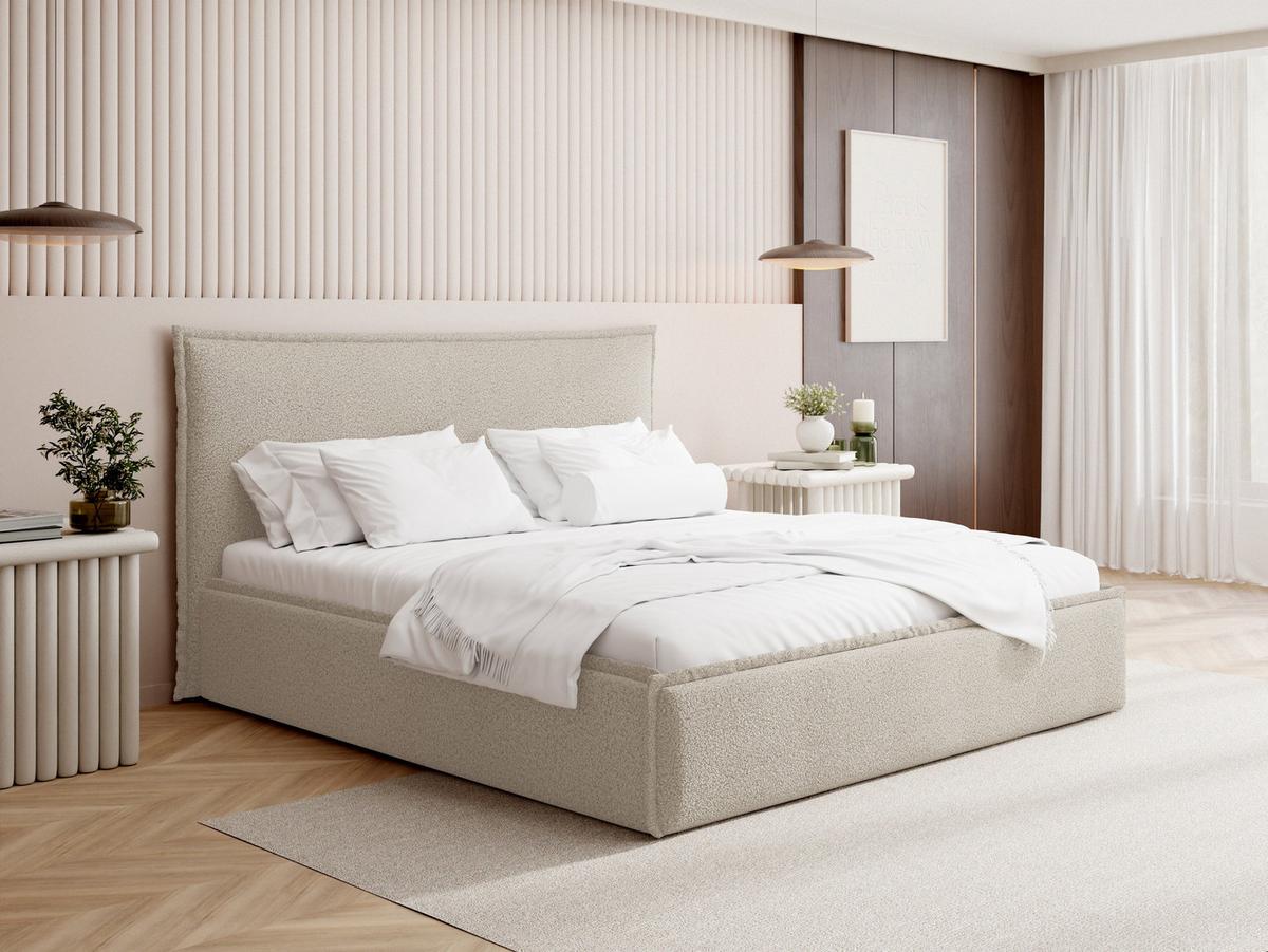 POLSTERBETT Pillow mit Bettkasten, Metall-Lattenrost und hohem Kopfteil - Beige Bouclé 120x200 cm - Beige/Birkefarben, Holz/Kunststoff (120/200cm) - WFL GROUP