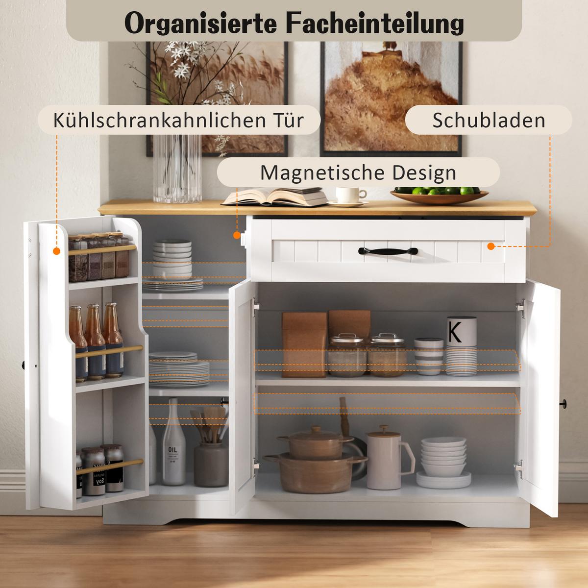 SIDEBOARD in Weiß & Natur mit 3 Türen & Schublade - Weiß Hochglanz, Holzwerkstoff (107/83/40cm) - Urban Meuble
