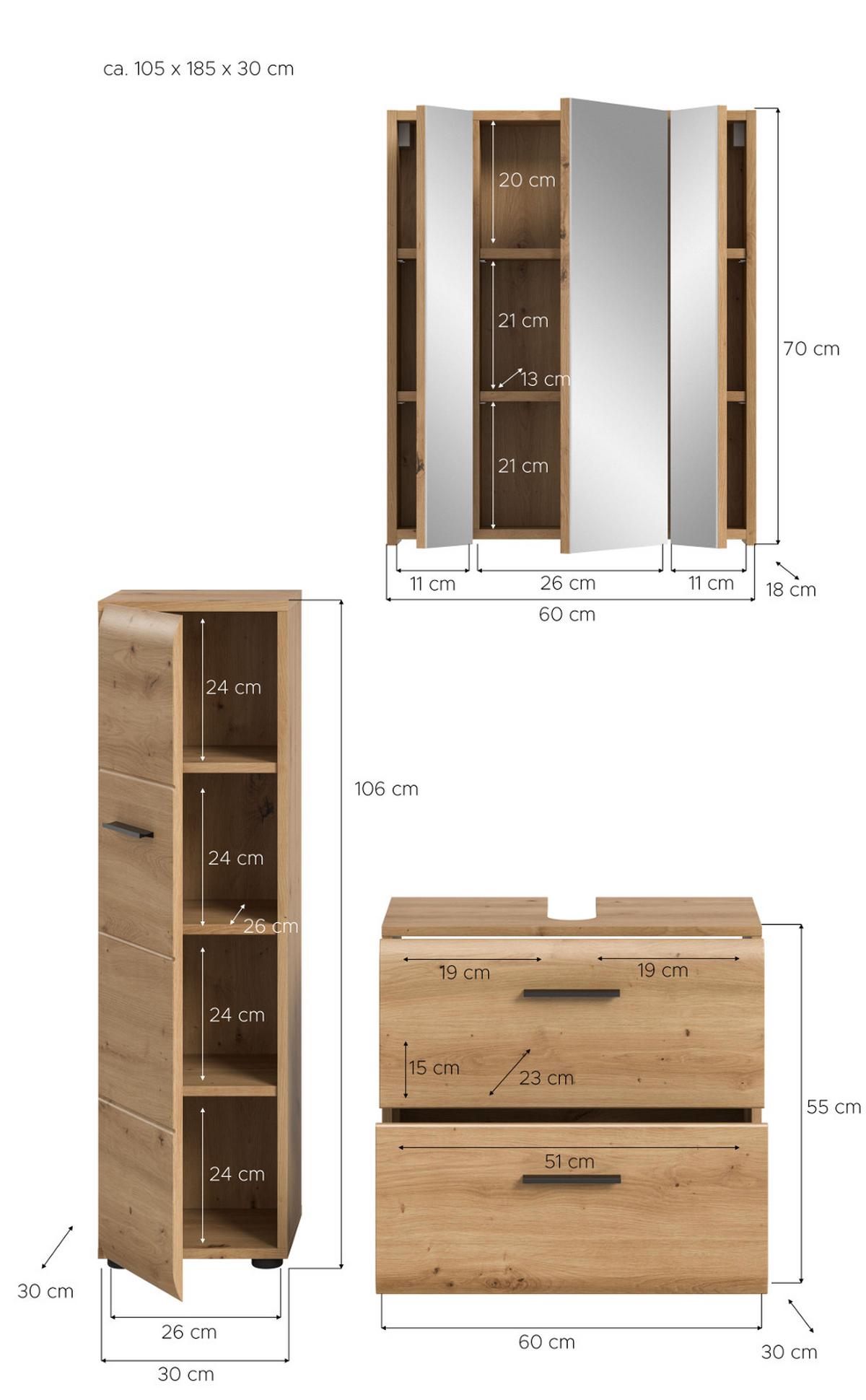 BADMÖBEL-SET 3-teilig, Artisan Eiche, Badkombination 105 x 185 cm, Cover - Schwarz/Eiche Artisan, Glas/Holzwerkstoff (105/185/30cm) - Inn.Furn