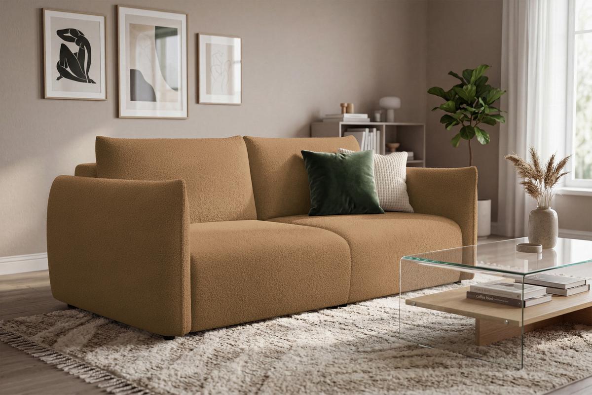 SOFA TAUER 3-Sitzer, Bouclé-Stoff braun - Schwarz/Braun, Holz/Textil (206/84/112cm) - Courtois Laville