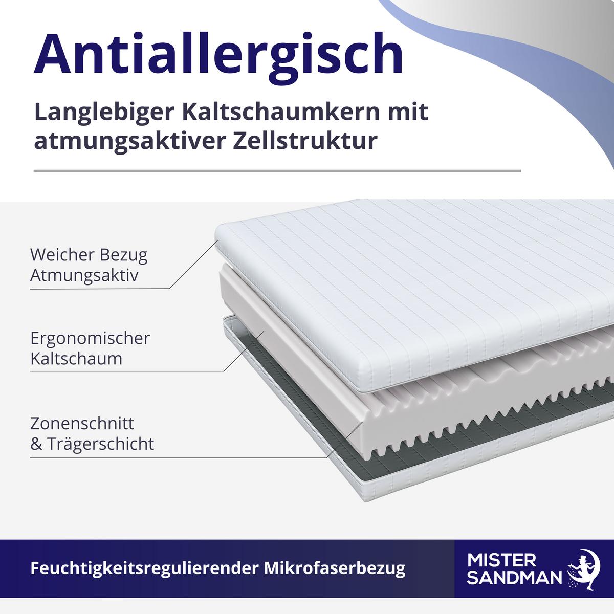 WENDEMATRATZE H2 H3 90x200 cm – 7 Zonen Matratze ca. 15 cm – ergonomische Kaltschaummatratze mit waschbarem Bezug - Weiß, Textil (90/200cm) - Mister Sandman