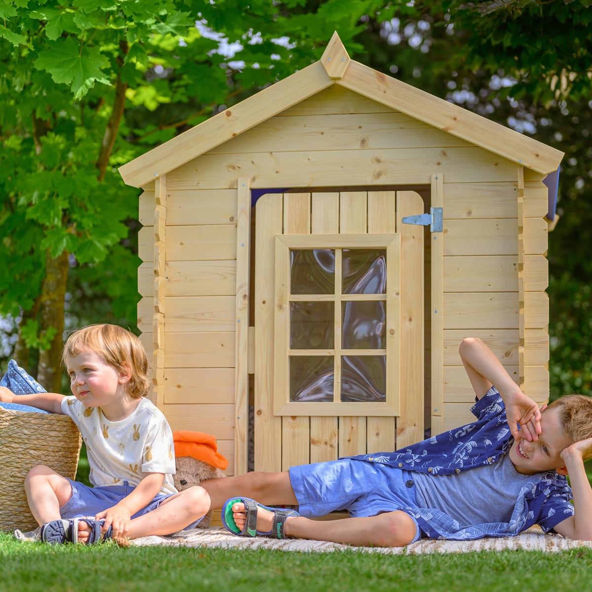 KINDERSPIELHAUS aus Holz - 111x113xH121 cm/0.9 m2 - M570Z-1 - Beige, Holz (114/121/111cm) - Timbela