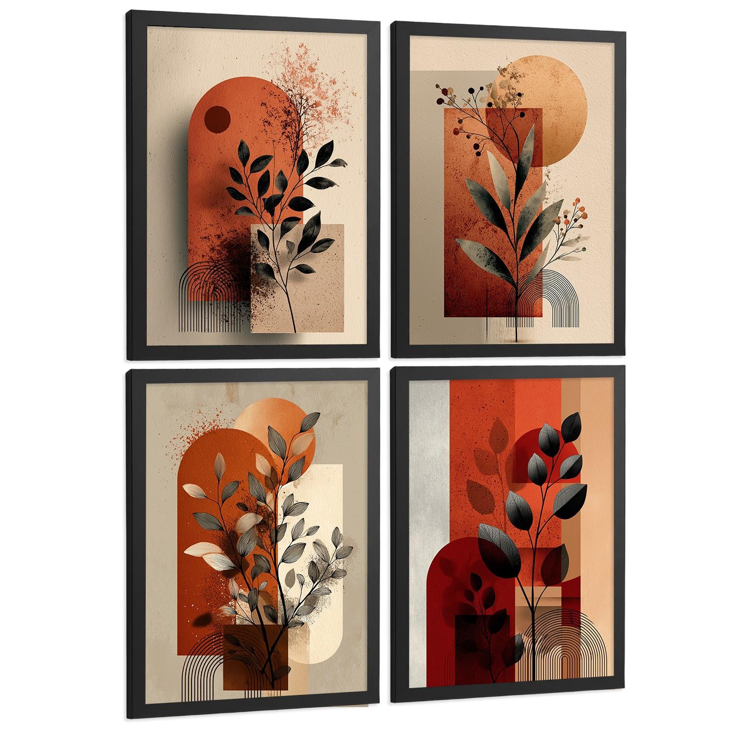 POSTER 4er Kunstdruck-Set Wandbilder Blumen Abstrakt Rot Orange modern Wohnzimmer Deko, Schlafzimmer, Küche, Badezimmer Rahmenlos A3 - Schwarz, Papier (29.7/1/42cm) - Nacnic