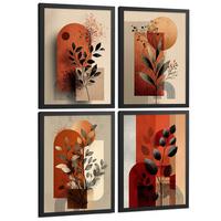 POSTER 4er Kunstdruck-Set Wandbilder Blumen Abstrakt Rot Orange modern Wohnzimmer Deko, Schlafzimmer, Küche, Badezimmer Rahmenlos A3 - Schwarz, Papier (29.7/1/42cm) - Nacnic